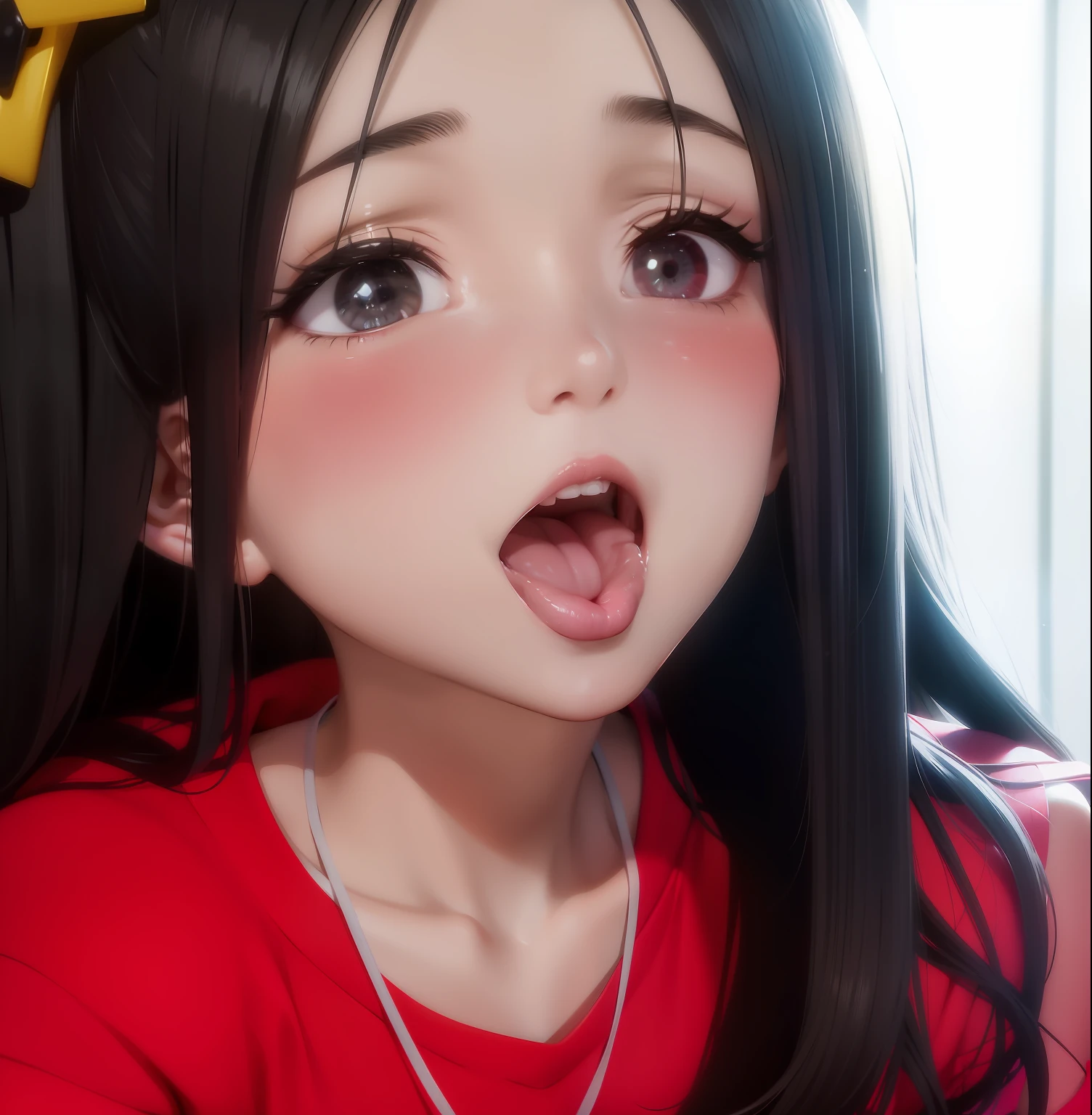"adorable schoolgirl with a vibrant red t-shirt", smile, cute, hentai, agehao, tongue out, saliva water, exited