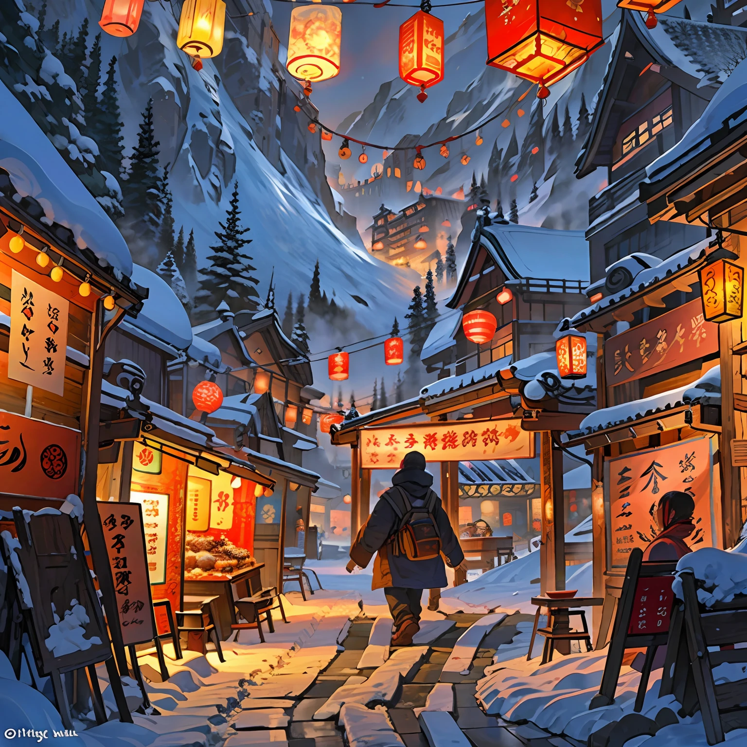 On a winter night，A lively ancient bazaar，The stalls are stocked with dried fruits and furs，Southeast Asian architecture，drifting snow，snow cover，lanterns。，Lively bazaar