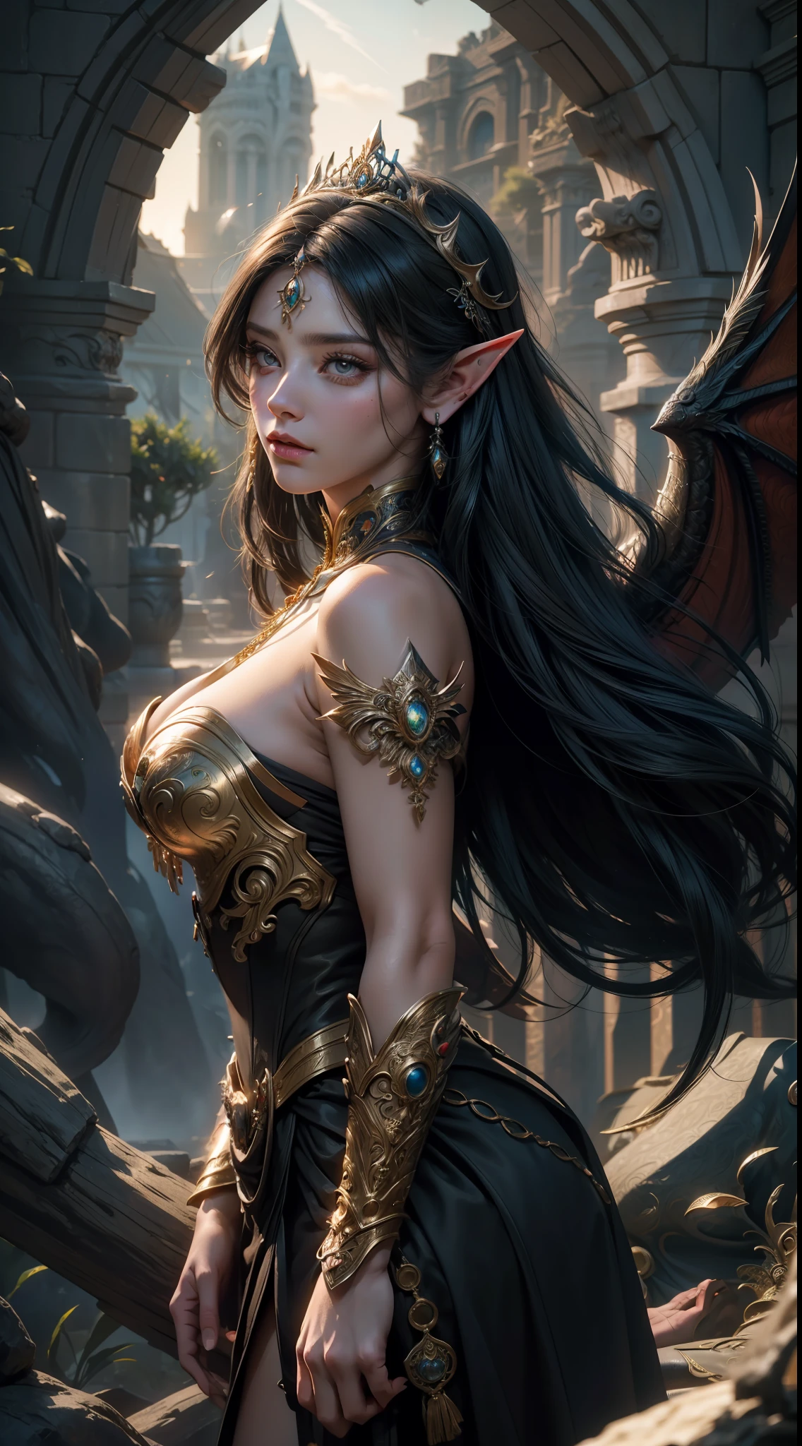 8k uld, masterpiece, bestquality, raw photo, realistic, beautiful girl, magic, very long hair, depth of vision, Highres, finely detailed, RAWExtremely detailed, extremely detailed eyes and face, sharp pupils, realistic pupils, cinematic lighting, detailed, perfect anatomy, a closeup of a woman with beautiful brown eyes face in a costume with a dragon on her shoulder, costume outfit, cinematic goddess body shot, majestic body full body angel, elegant cinematic pose, fantasy character, full body image, like a mystical valkyrie, detailed whole body, beautiful and elegant elf queen, unreal motor render, a goddess, grumpy lighting, glow,  bright, mysterious, mystical, magical, rim lighting, vibrant, psychedelic, colorful, intricate, elegant, sharp focus, highly detailed, digital painting, conceptual art, matte, masterpiece, hyper detailed ultra sharp, vibrant aesthetic, blood wave, colorful, psychedelic, ornate, intricate, digital painting, conceptual art, smooth, sharp focus, illustration, beautiful female,