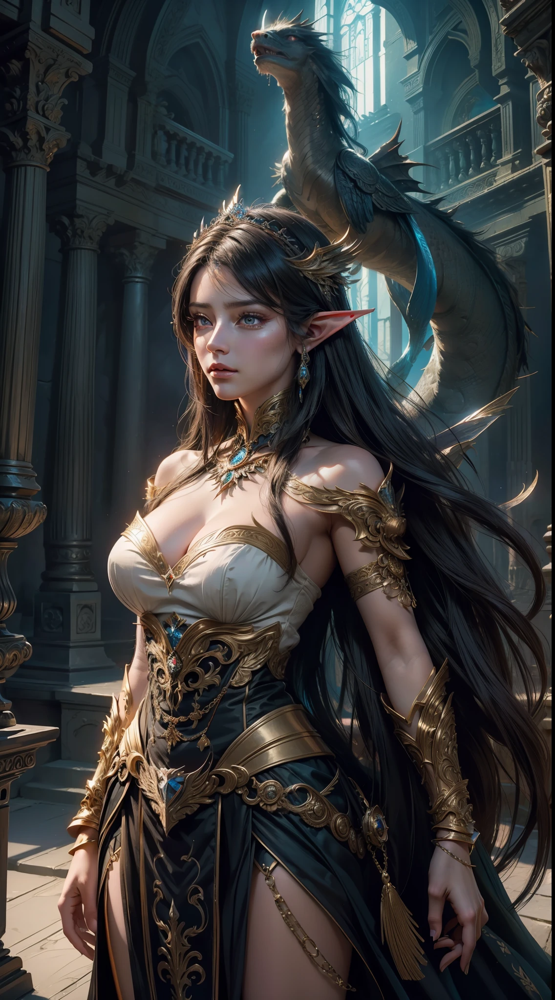 8k uld, masterpiece, bestquality, raw photo, realistic, beautiful girl, magic, very long hair, depth of vision, Highres, finely detailed, RAWExtremely detailed, extremely detailed eyes and face, sharp pupils, realistic pupils, cinematic lighting, detailed, perfect anatomy, a closeup of a woman with beautiful brown eyes face in a costume with a dragon on her shoulder, costume outfit, cinematic goddess body shot, majestic body full body angel, elegant cinematic pose, fantasy character, full body image, like a mystical valkyrie, detailed whole body, beautiful and elegant elf queen, unreal motor render, a goddess, grumpy lighting, glow, bright, mysterious, mystical, magical, rim lighting, vibrant, psychedelic, colorful, intricate, elegant, sharp focus, highly detailed, digital painting, conceptual art, matte, masterpiece, hyper detailed ultra sharp, vibrant aesthetic, blood wave, colorful, psychedelic, ornate, intricate, digital painting, conceptual art, smooth, sharp focus, illustration, beautiful female,