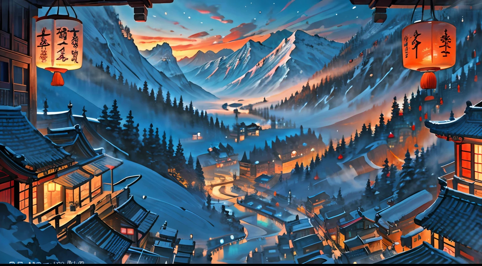 （digitial painting）（best qualtiy）Winter nights，Lively ancient bazaar，The stalls were filled with dried fruits and furs，Chinese style buildings，drifting snow，snow cover，Lanterns，Lively bazaar，tea house，Steamed buns，Restaurants，cloth shop，An ancient Chinese painting， Ancient Chinese background， mountain ranges， rios， Auspicious clouds， Pavilions， rays of sunshine， tmasterpiece， super detailing， Epic composition， hyper HD， high qulity， extremely detaile， offcial art， 统一 8k 壁纸， super detailing，