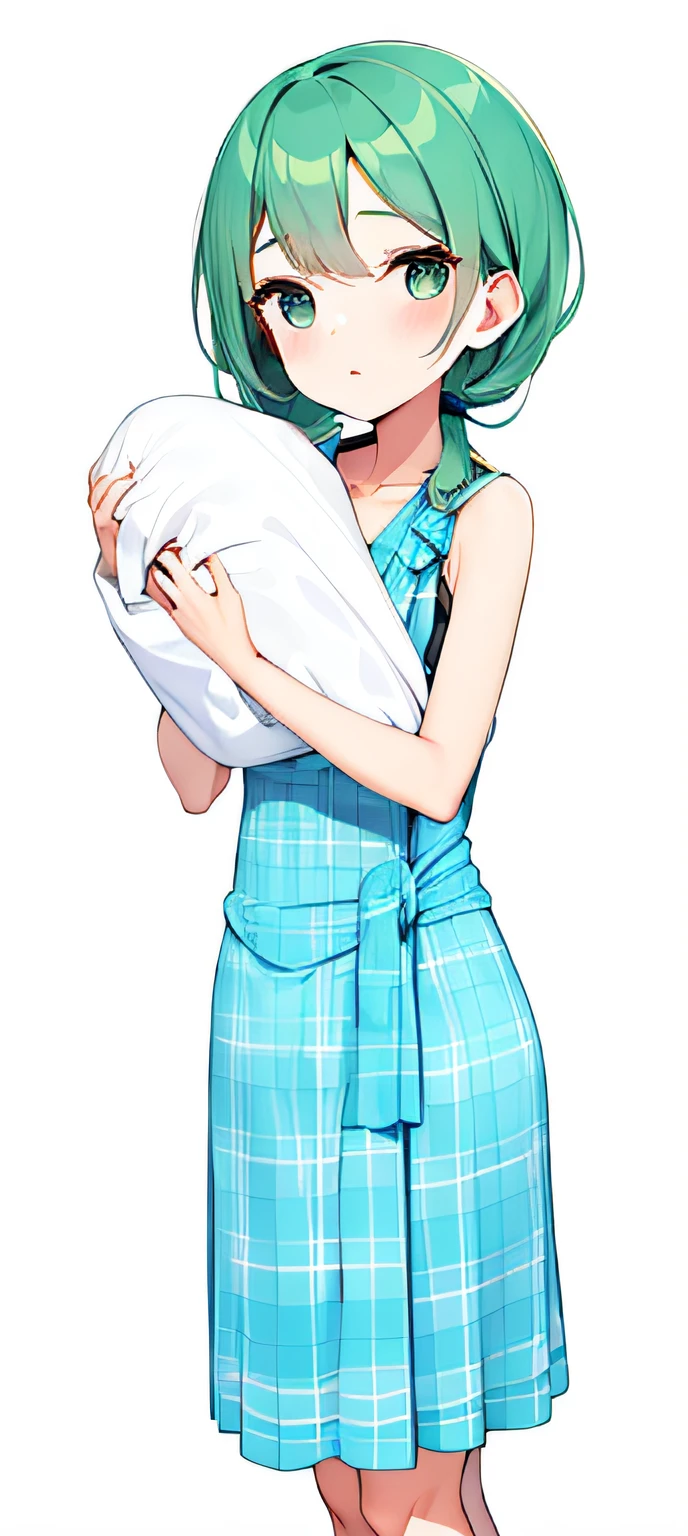 Green hair,Light blue checked sleeveless dress,Woman Holding Swaddling,