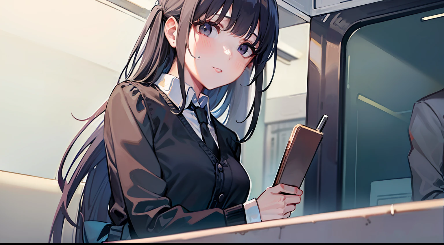 (masterpiece:1,2), best quality,1girl, solo, best quality, mahiru, simple gray background, (white shirt), collared shirt, black necktie, black long hair, black eyes, black pants, bangs, sitting on a subway train, looking to the side, subway car door, from below, solo focus, detailed eyes, detailed face,