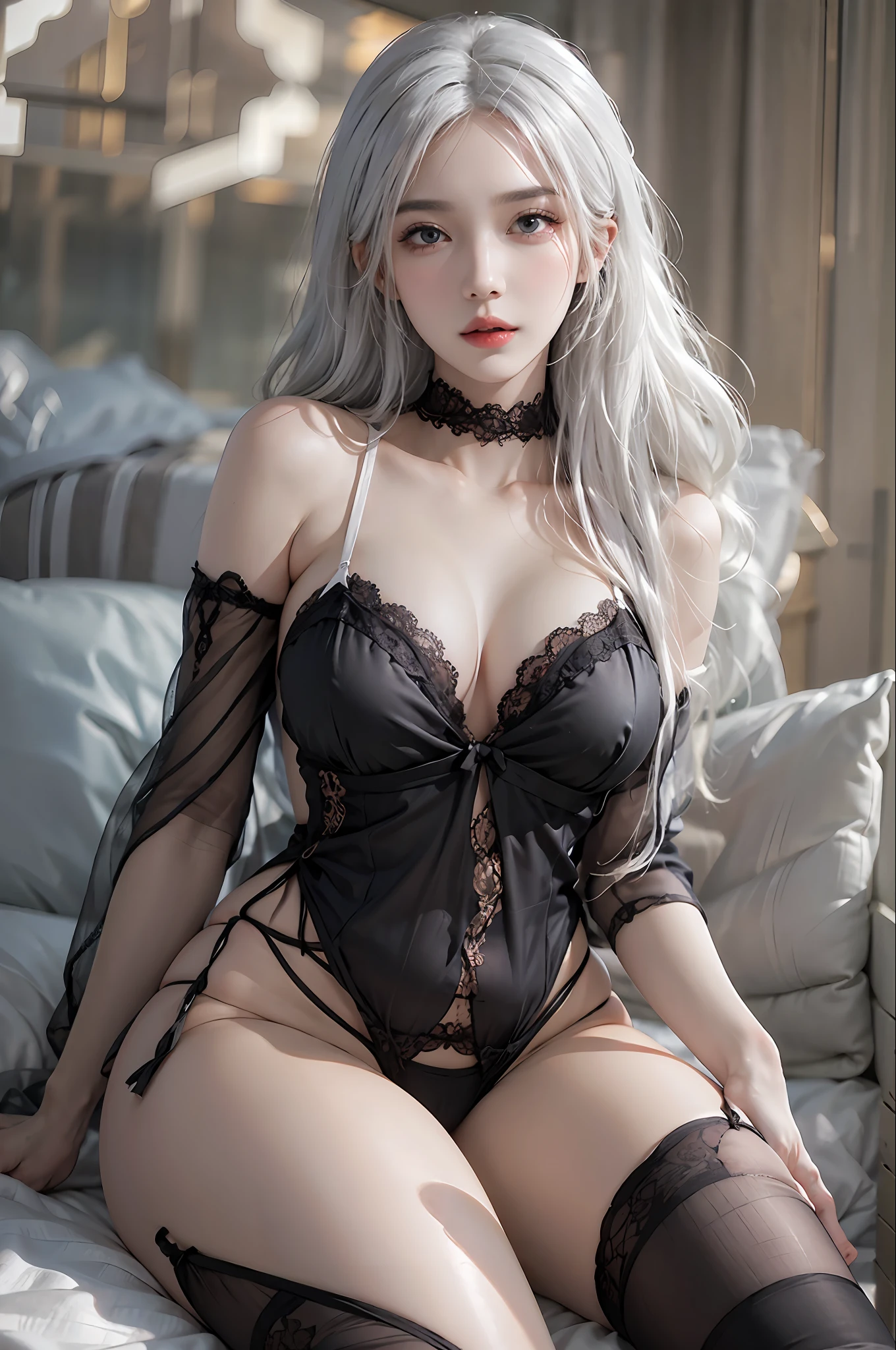 photorealistic, high resolution, 1 women, solo, hips_up, hips up, beautiful eyes, look at viewer, close lips, detailed face, white hair, long hair, black lingerie, lace, black stockings