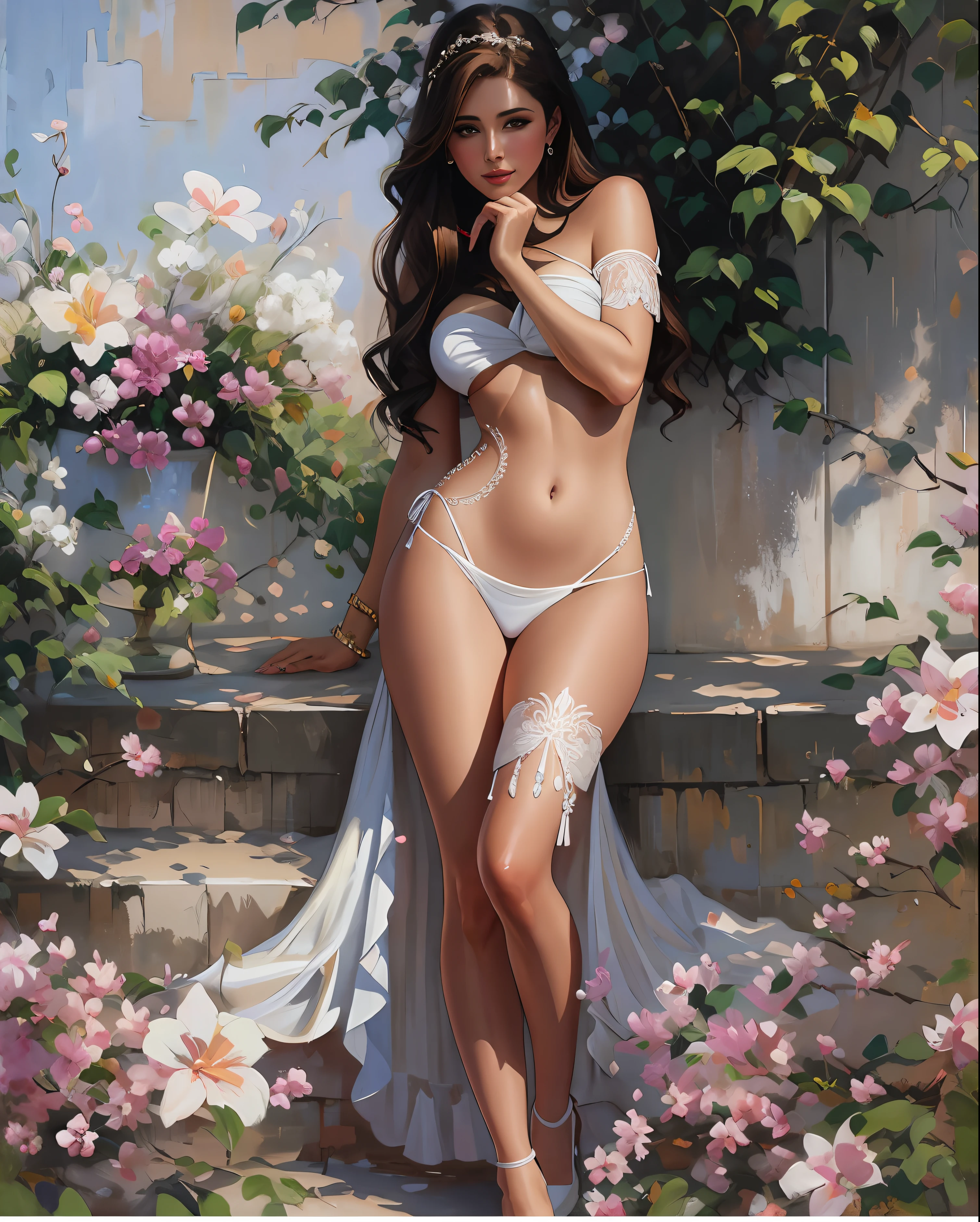 Una pintura de una mujer con un vestido blanco sostiene sus manos en sus caderas, completamente vestido. Pintura de sexy, Al estilo de Steve Henderson, inspirado por Raymond Leech, Steve Henderson, por Charles Roka, Elegant oil painting, por Raymond Leech, Pintura de una mujer, Pintura sensual, en ropa blanca, vestido fluido, painted with oil