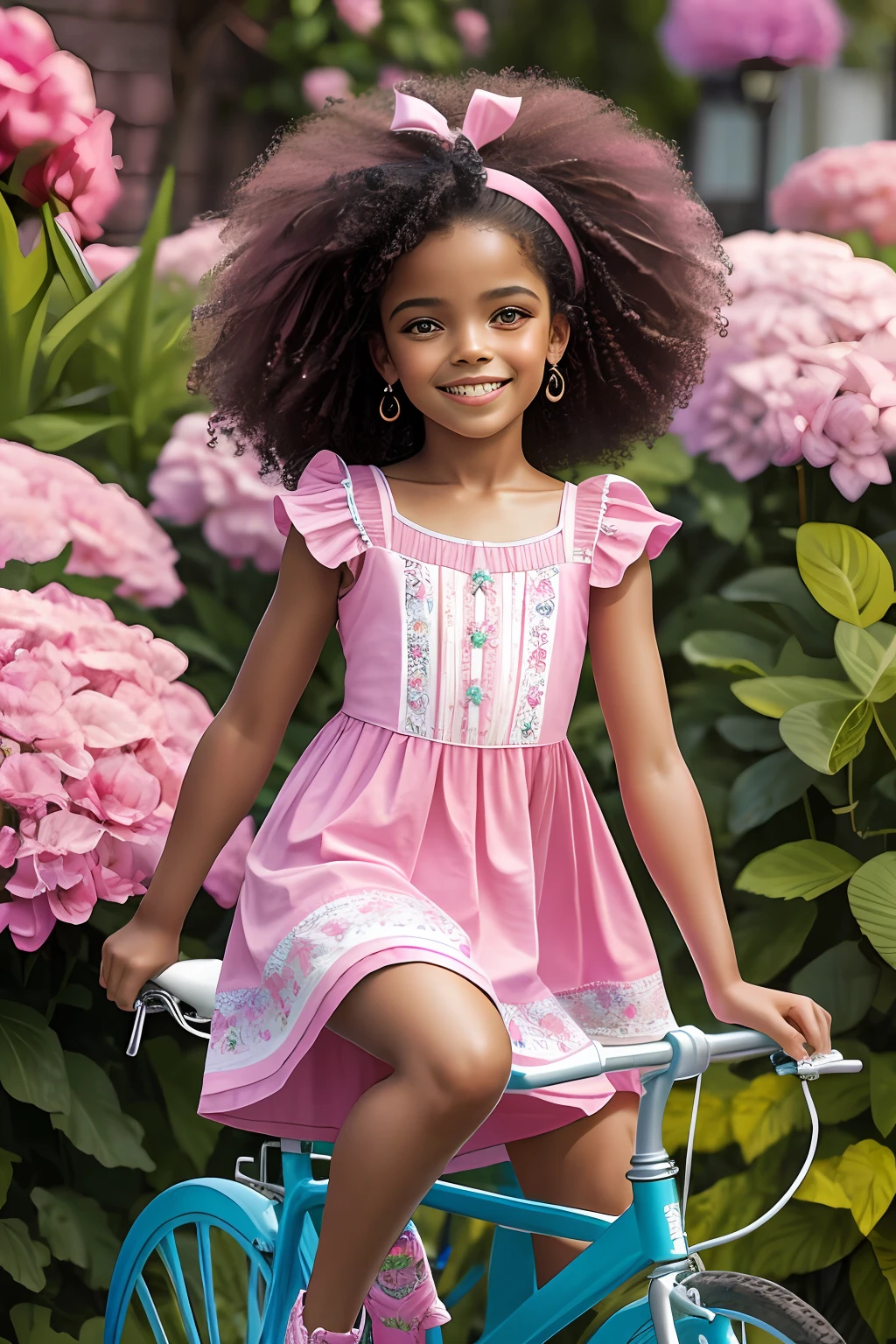 (64 mil, Foto RAW, melhor qualidade, obra-prima: 1.2), ultra-detalhado, arte formal, renderizado: 1.37, foto na parte superior do corpo, ( 10 anos) ((BRASILEIRA AFRO DESCENDENTE NEGRA ALBINA),Beleza, Barbie,sorrindo e ele sorri, pose sentada em uma bicicleta (AZULROYAL E ROSA,num (vestido Pink estilo Princesa) lindo )florido )Rosa),azul e Rosa de alfaiataria brilhante,Cheio de flor cor-de-rosa)muitas flor)is colorful),pink and curly hair and braids l) cacheado rosa),Borboletas )and birds),detalhes,rosa,flor),detalhes