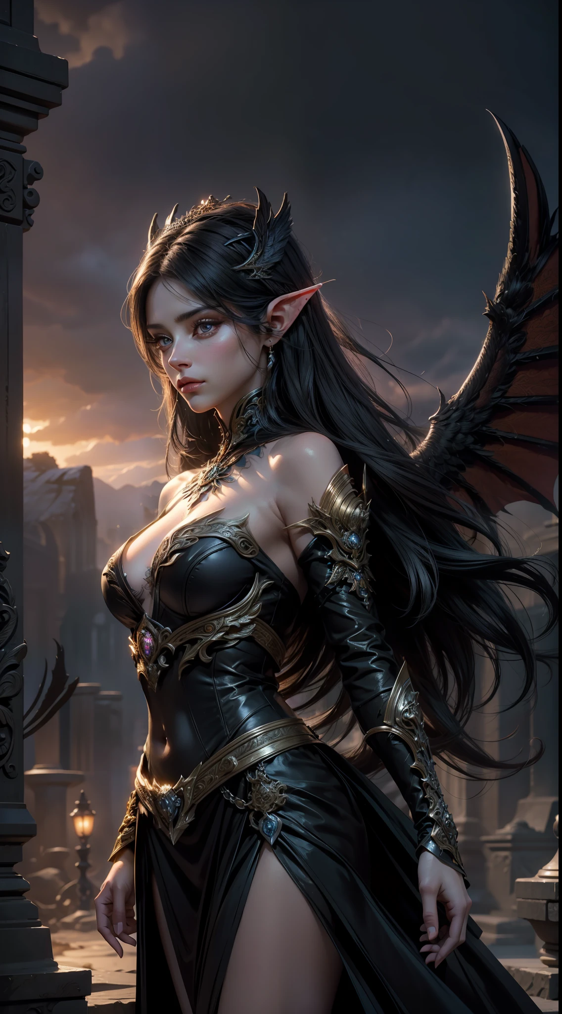 8k uld, masterpiece, bestquality, raw photo, realistic, beautiful girl, magic, very long hair, depth of vision, Highres, finely detailed, RAWExtremely detailed, extremely detailed eyes and face, sharp pupils, realistic pupils, cinematic lighting, detailed, perfect anatomy, a closeup of a woman with beautiful brown eyes face in a black costume with a dragon on her shoulder,black costume outfit, cinematic goddess body shot, majestic body full body angel, elegant cinematic pose, fantasy character, full body image, like a mystical valkyrie, detailed whole body, beautiful and elegant elf queen, unreal motor render, a goddess, grumpy lighting, glow, bright, mysterious, mystical, magical, rim lighting, vibrant, psychedelic, colorful, intricate, elegant, sharp focus, highly detailed, digital painting, conceptual art, matte, masterpiece, hyper detailed ultra sharp, vibrant aesthetic, blood wave, colorful, psychedelic, ornate, intricate, digital painting, conceptual art, smooth, sharp focus, illustration, beautiful female,