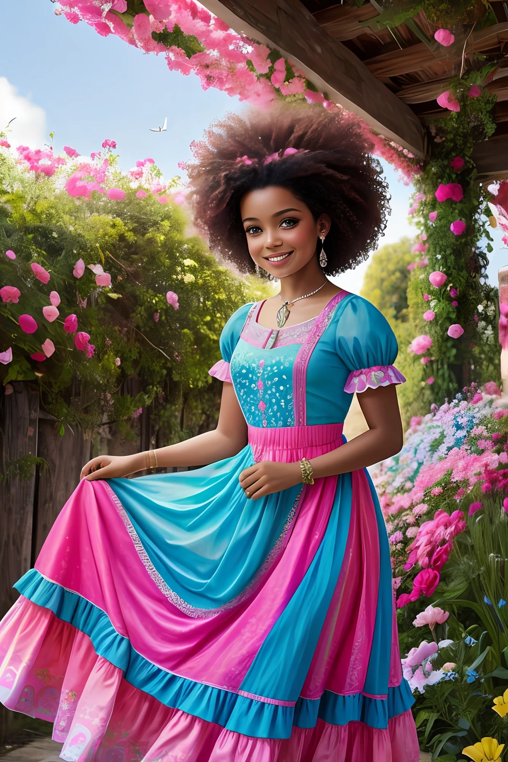 (64 mil, Foto RAW, melhor qualidade, obra-prima: 1.2), ultra-detalhado, arte formal, renderizado: 1.37, foto na parte superior do corpo, (menina 10 anos) ((BRASILEIRA AFRO DESCENDENTE NEGRA ALBINA),Beleza, Barbie,sorrindo e ele sorri, pose sentada em uma bicicleta (AZULROYAL E ROSA,num (vestido Pink estilo Princesa) lindo )florido )Rosa),azul e Rosa de alfaiataria brilhante,Cheio de flor cor-de-rosa)muitas flor)is colorful),pink and curly hair and braids l) cacheado rosa),Borboletas )and birds),detalhes,rosa,flor),detalhes