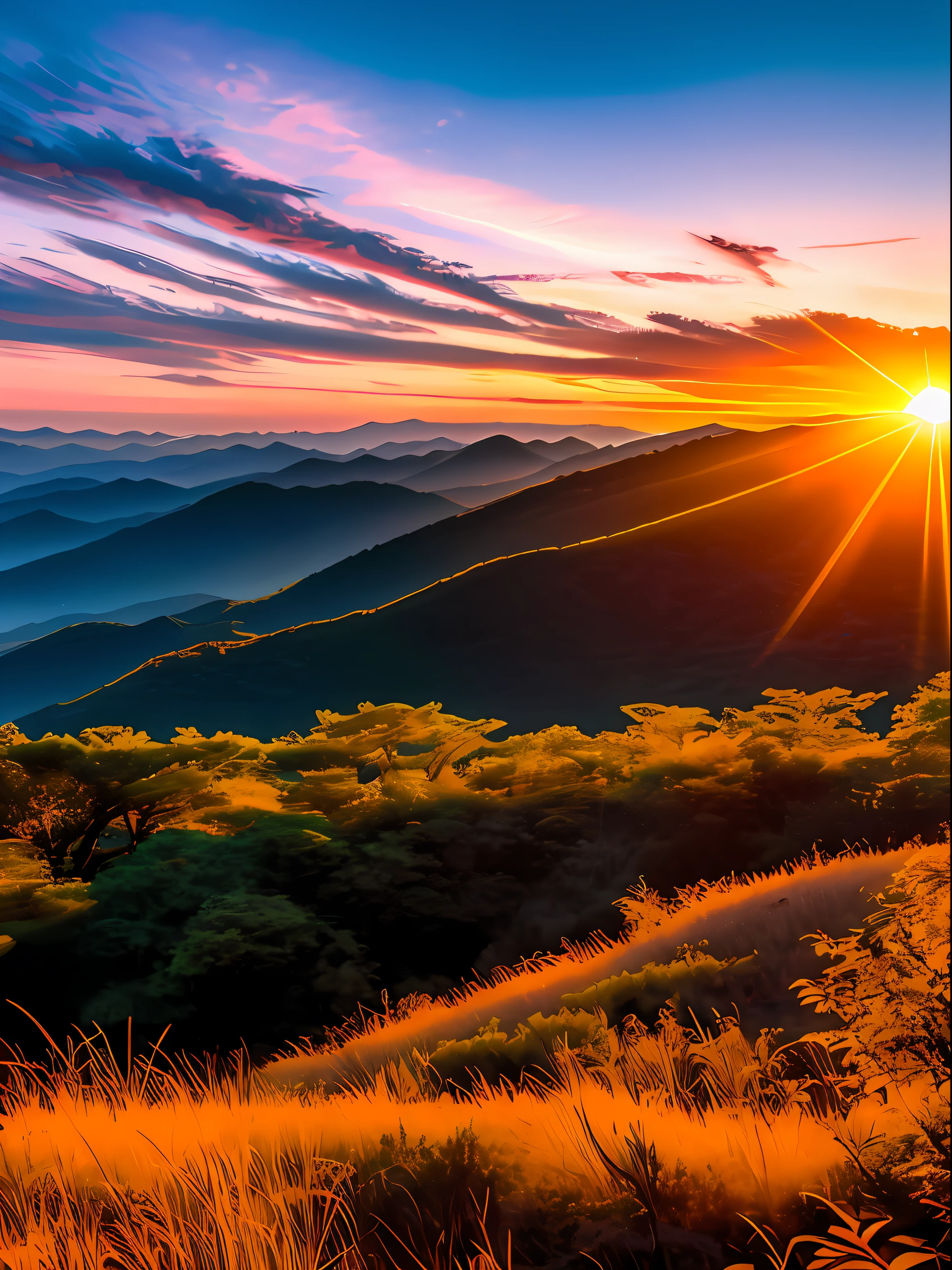 In the distance is the mountains of sunset，A trail runs through it, japan mountains, mountain sunrise, sun rises between two mountains, sunshine lighting high mountains, mountains and colorful sunset!!, sunrise light, Sunset light, beautiful sunrise lighting, mountains and sunset!!, beautiful sunrise, sunrise lighting, sunrise colors, Beautiful sunset, Colorful sunset, sunset in a valley, amazing sunset