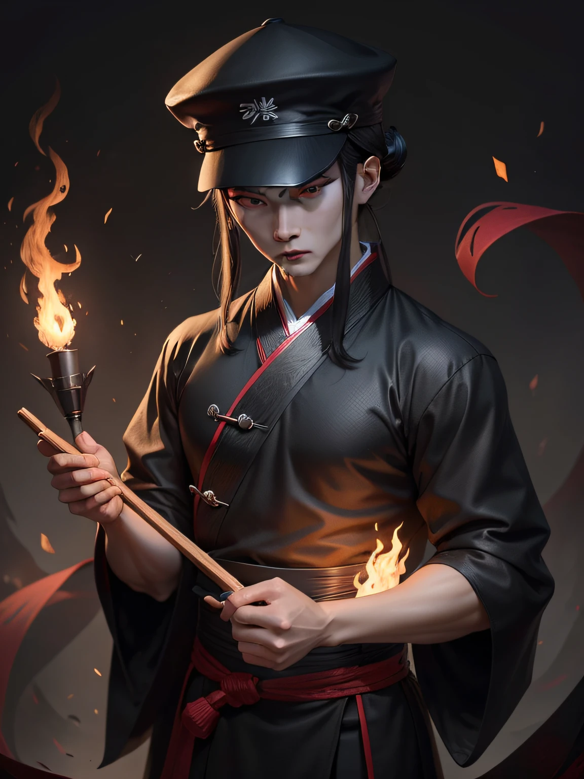 of a guy，Wear a black cap，Wear black Hanfu，The eyes are fierce，torches，