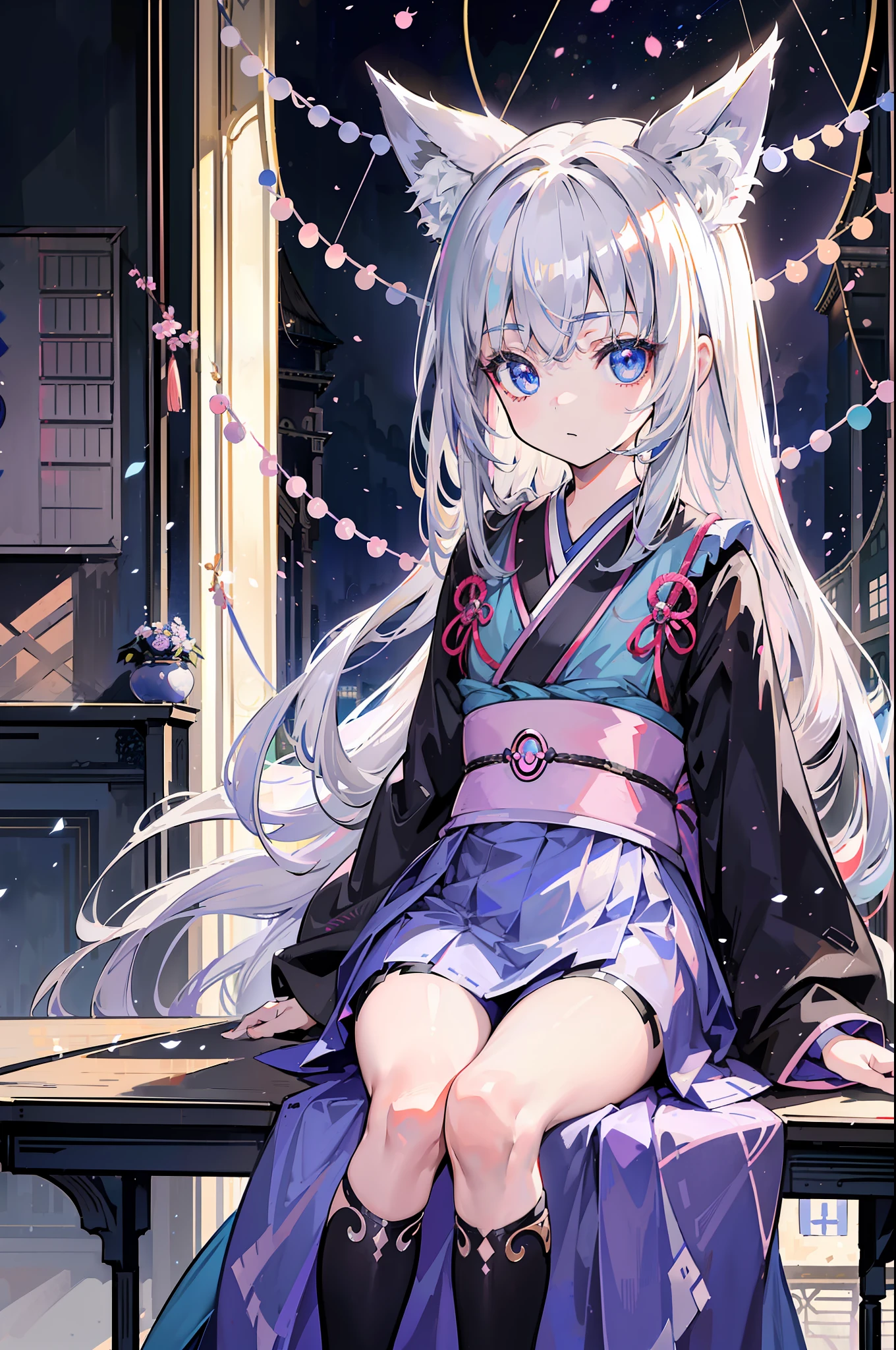 1 girl in、With long silver hair、long、Blue eyes、Beautiful eyes、Lustrous eyes、Bewitching face、((((((elementary student))))))、(Black kimono)、Fox ears、Fox tail、Looking at the camera、It is drawn from head to thigh、((High resolution of the highest quality))、(masterpiece best quality:1.2)、[[Bad face]], [[Fused fingers]]