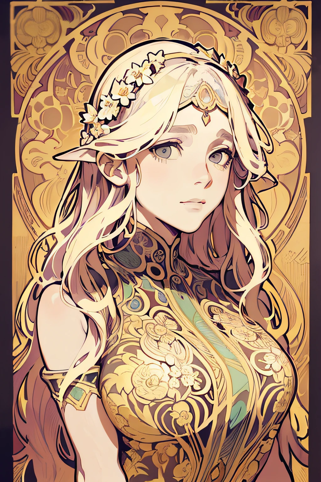 face portrait of a  European female , long curly hair, blond, floral frame, Decorative panels, abstract
artistic, by Alphonse Mucha
(Masterpiece, Best Quality, Highres:1.4), Detailed, Intricate Details, 4K, color splashes, line art,   fibonacci,
