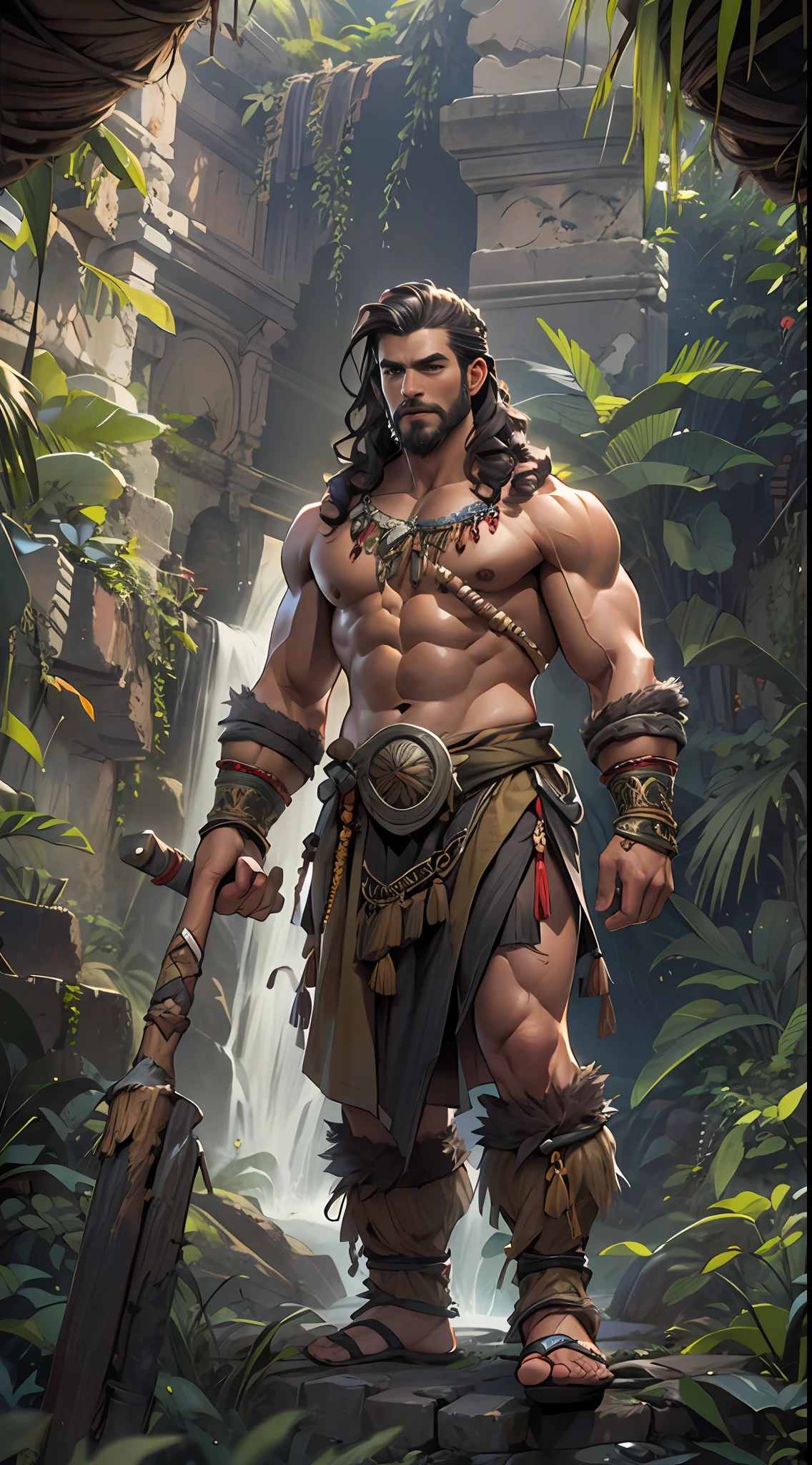 Muscular barbarian, partially  upper body, lower body uncovered from thighs to feet, bearded with beads, long flowing curls, intricate muscular details, photorealistic artwork, 4K quality. Background: Dense jungle with ancient ruins,32k uhd, best quality, masterpiece, super detail, high details