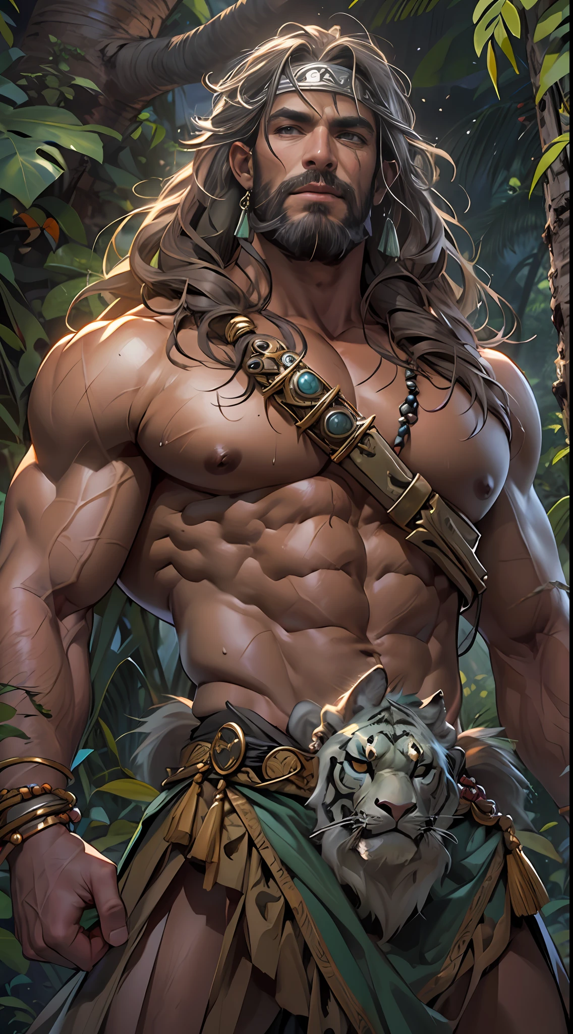 Muscular barbarian, partially  upper body, lower body uncovered from thighs to feet, bearded with beads, long flowing curls, intricate muscular details, photorealistic artwork, 4K quality. Background: Dense jungle with ancient ruins,32k uhd, best quality, masterpiece, super detail, high details