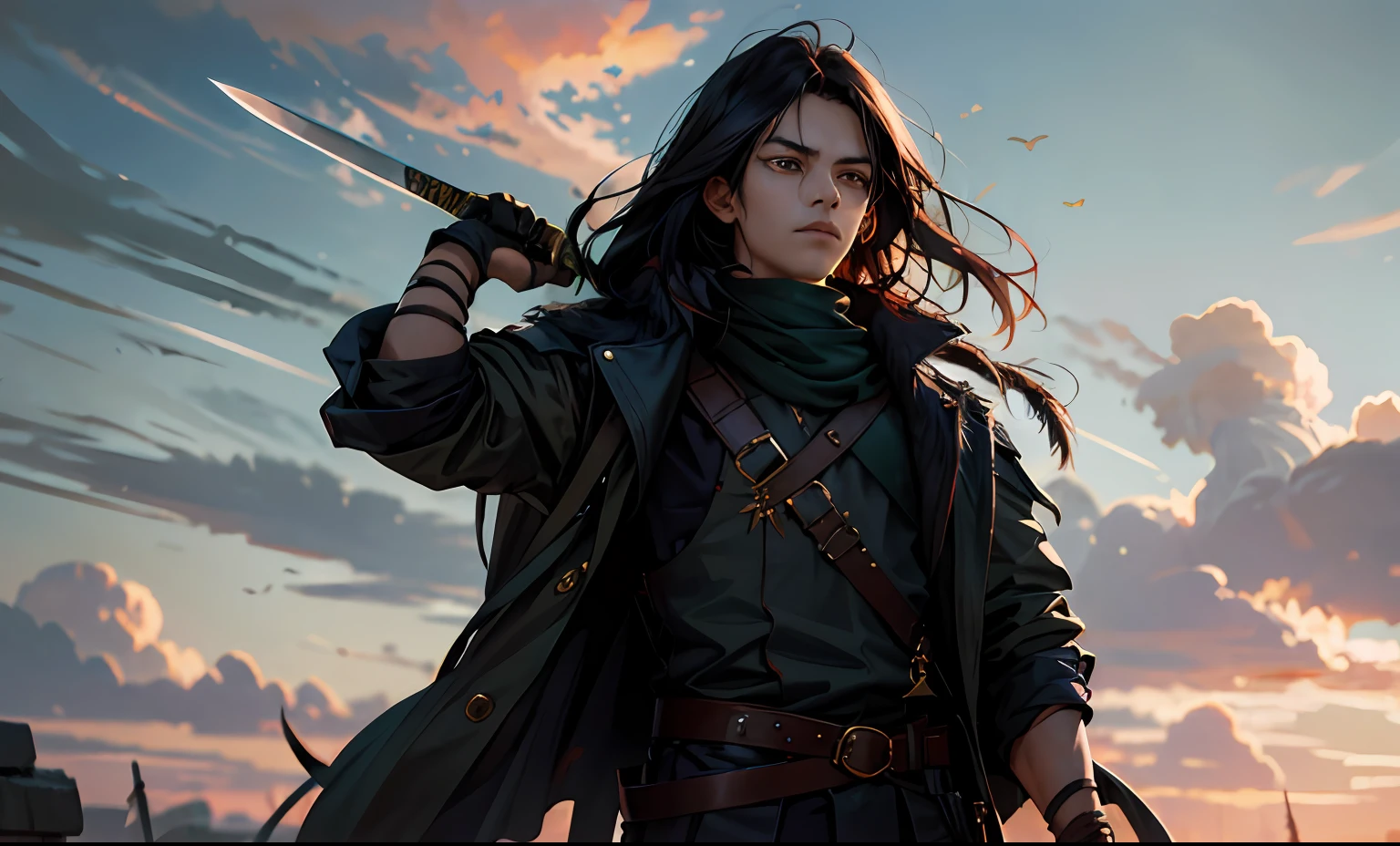 A teenager holds a sword in his hand,preparing to fight,Clothes fluttering,Ancient wind,Long black hair,Heroic,The face is normal