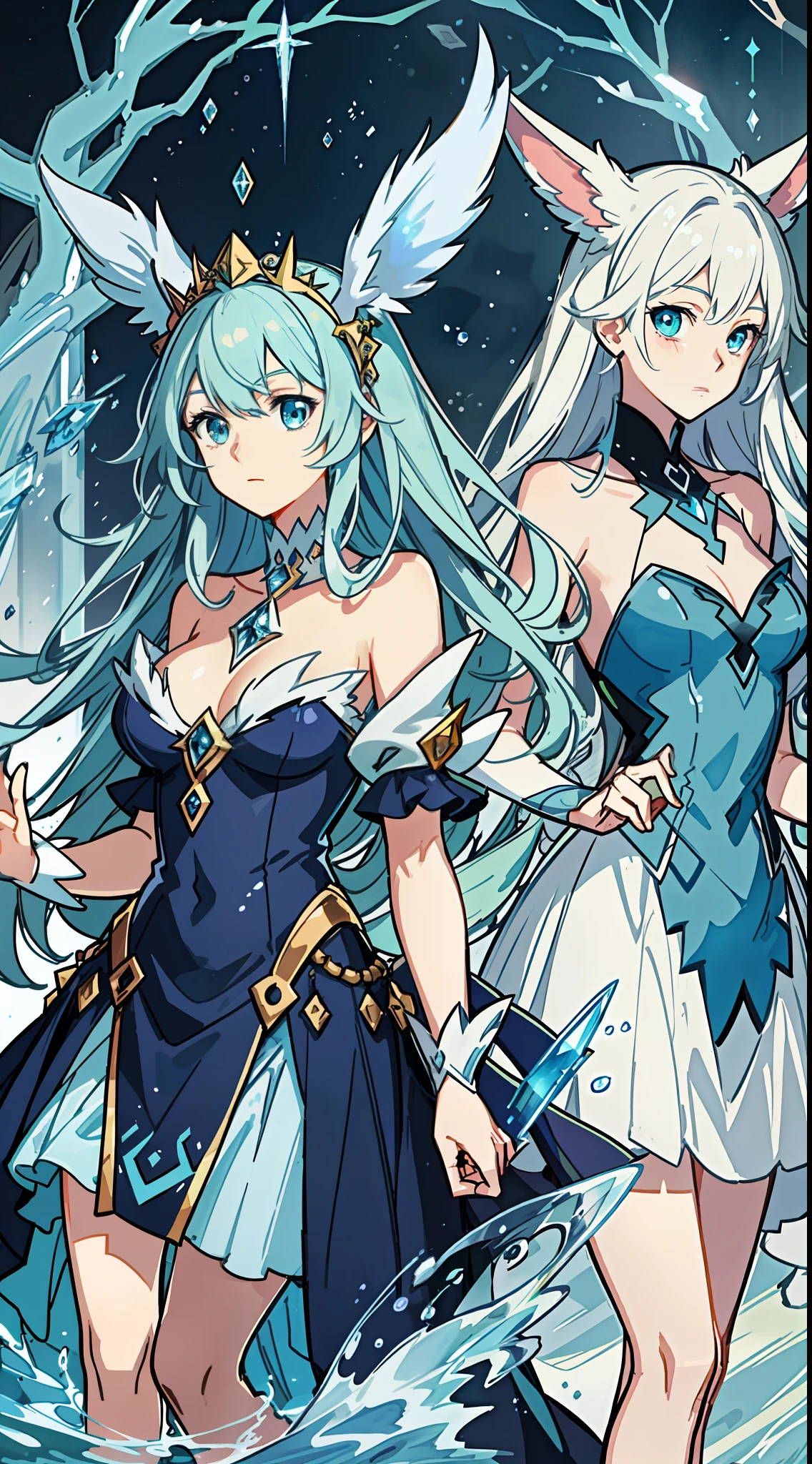 a cartoon image of a woman in a long dress, concept art by Ken Sugimori, tumblr, hurufiyya, vivy, she has pale blue skin!!!, misty, water type, ice sorceress, a glaceon ice princess, aquamarine, a friendly wisp, shiny!!, spirited, ori, official art, cerulean