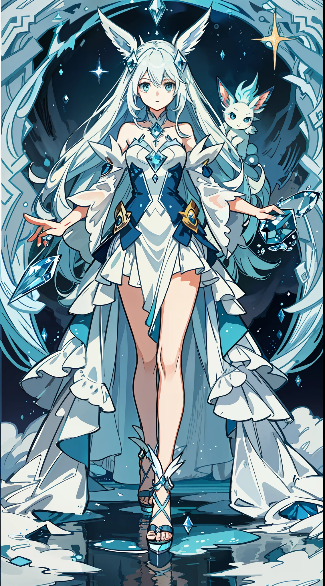 a cartoon image of a woman in a long dress, concept art by Ken Sugimori, tumblr, hurufiyya, vivy, she has pale blue skin!!!, misty, water type, ice sorceress, a glaceon ice princess, aquamarine, a friendly wisp, shiny!!, spirited, ori, official art, cerulean