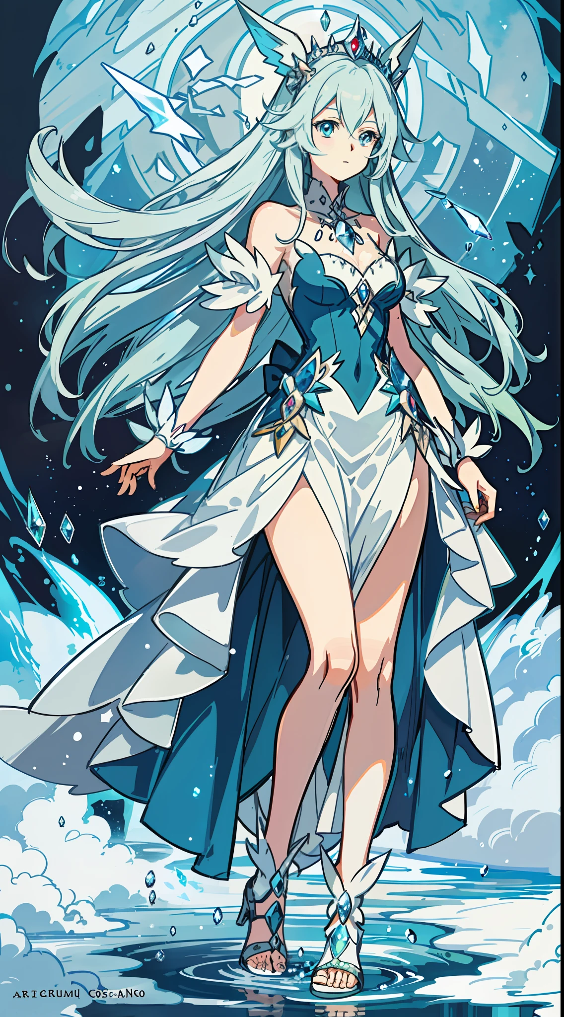 a cartoon image of a woman in a long dress, concept art by Ken Sugimori, tumblr, hurufiyya, vivy, she has pale blue skin!!!, misty, water type, ice sorceress, a glaceon ice princess, aquamarine, a friendly wisp, shiny!!, spirited, ori, official art, cerulean