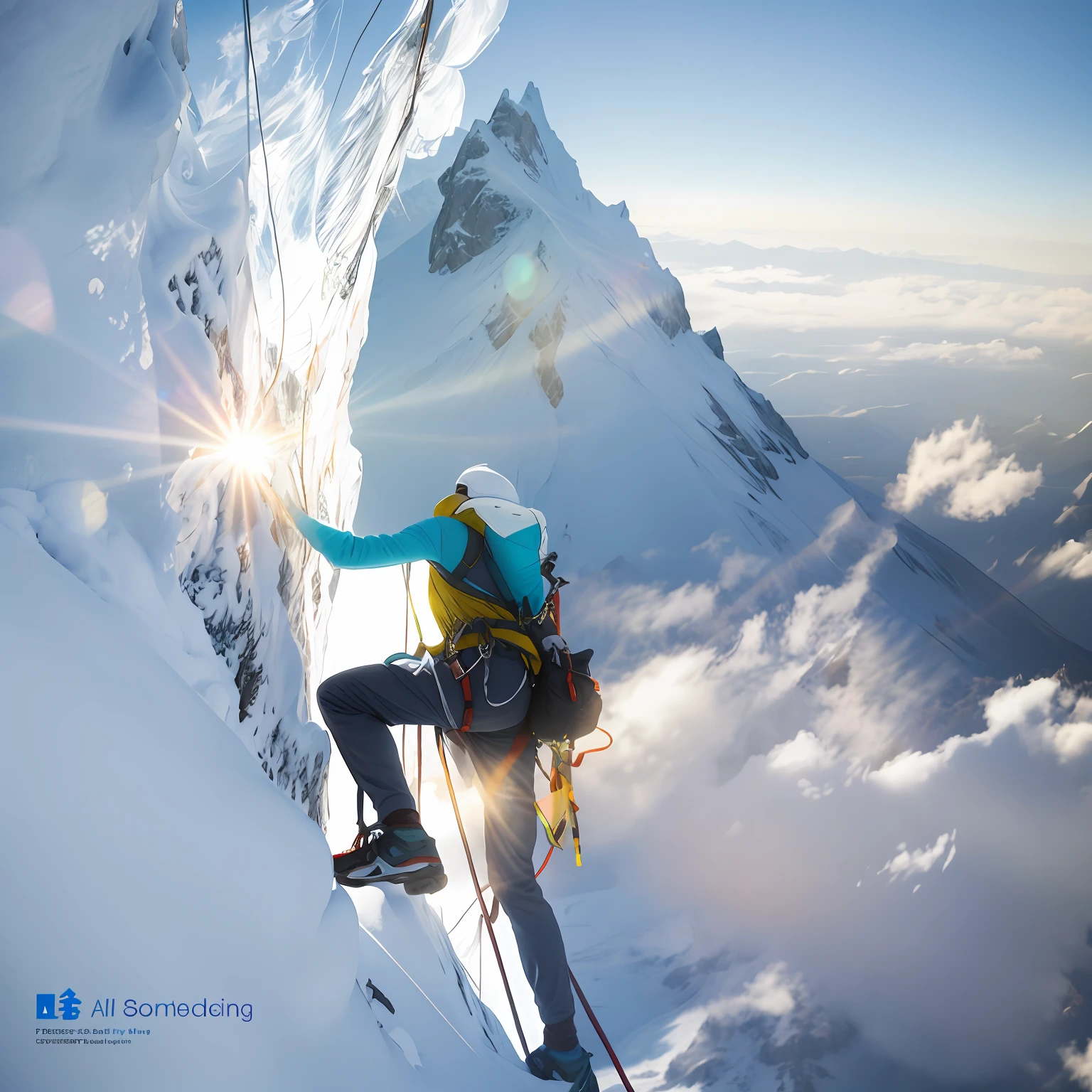 In the daytime,Bright light,A man climbing a snowy mountain