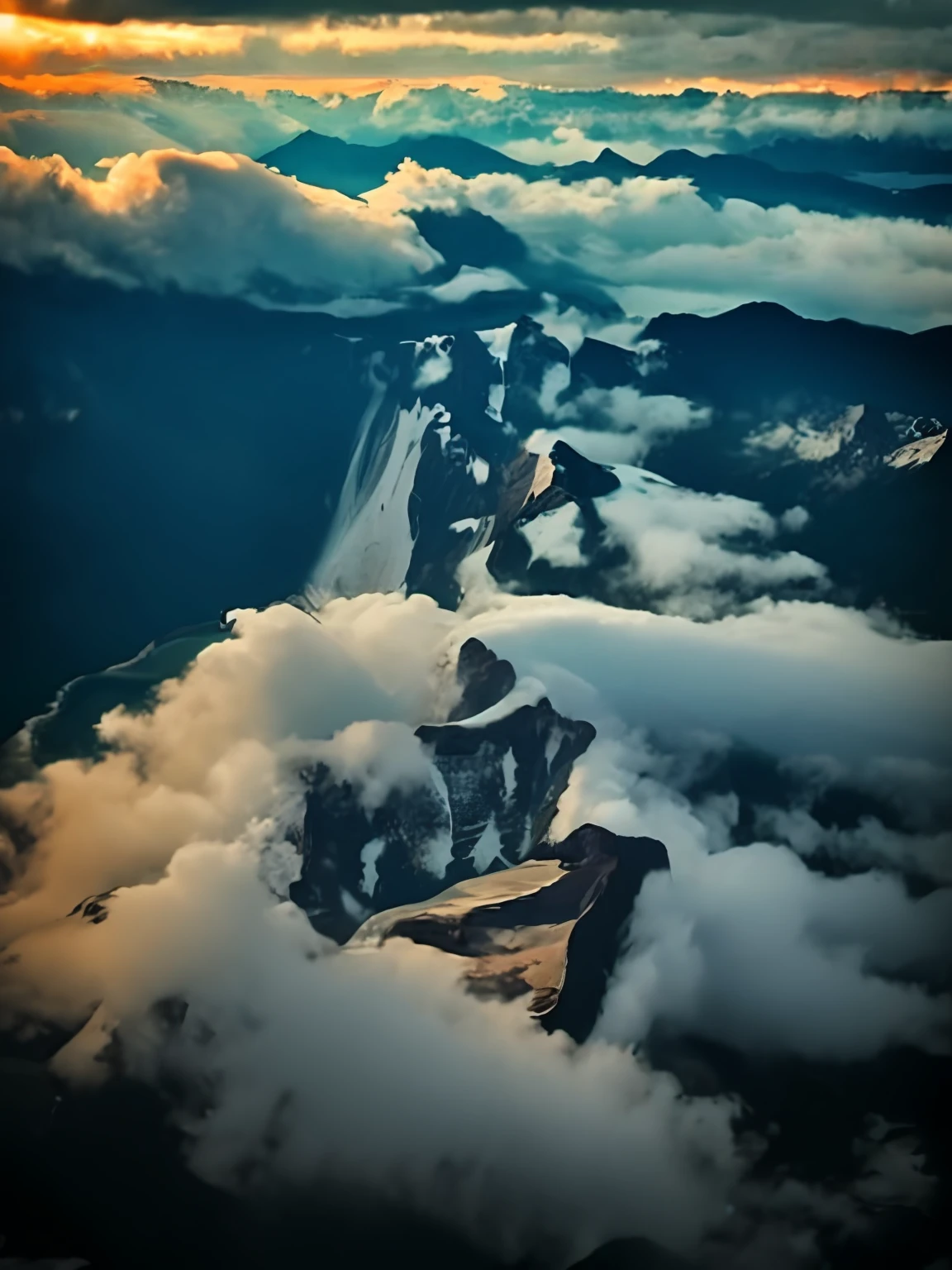 （bird's eyes view），（mountain peaks，rios，）Meandering，Clouds，(Complicated details)，hdr，(Complicated details，ultra - detailed:1.2)，Cinema lenses，Vignette，at centre