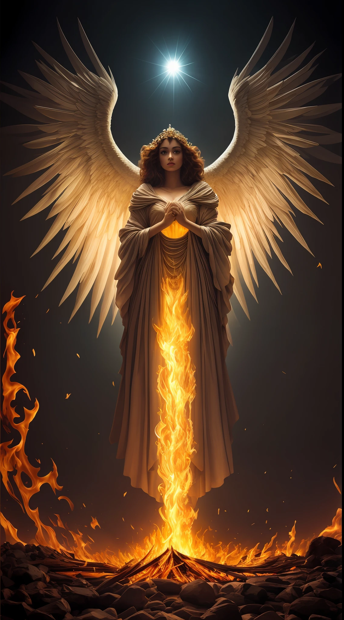 Pintura de una mujer con alas y un halo parada frente a un fuego, con ardientes alas doradas de llamas, Diosa del Fuego, Diosa de la ira, con ardientes alas doradas, aparece como la diosa del fuego, Arte del hechizo del fuego sagrado, tall female angel, Diosa del Fuego, full - body majestic angel, Diosa de la Luz, Artgerm Julie Bell Beeple, Hechizo de llama sagrada, Vibrant color palette game and super intricate great shadows, pintura mate, minuciosamente detallado, fino y delicadamente detallado, motor irreal delicadamente detallado con octanaje intrincado, fondo detallado en microminutos, complejidades 3D realzadas, Perfect and super detailed 8K composition, regla de los tercios, motionVFX, Sony Pictures Animation, The Foundry VFX, inmensamente perfecto, perfectamente detallado, intrincadamente definido, definitivamente real, Verdaderamente realista, Realistically epic, por Satori Canton, photography by alberto seveso