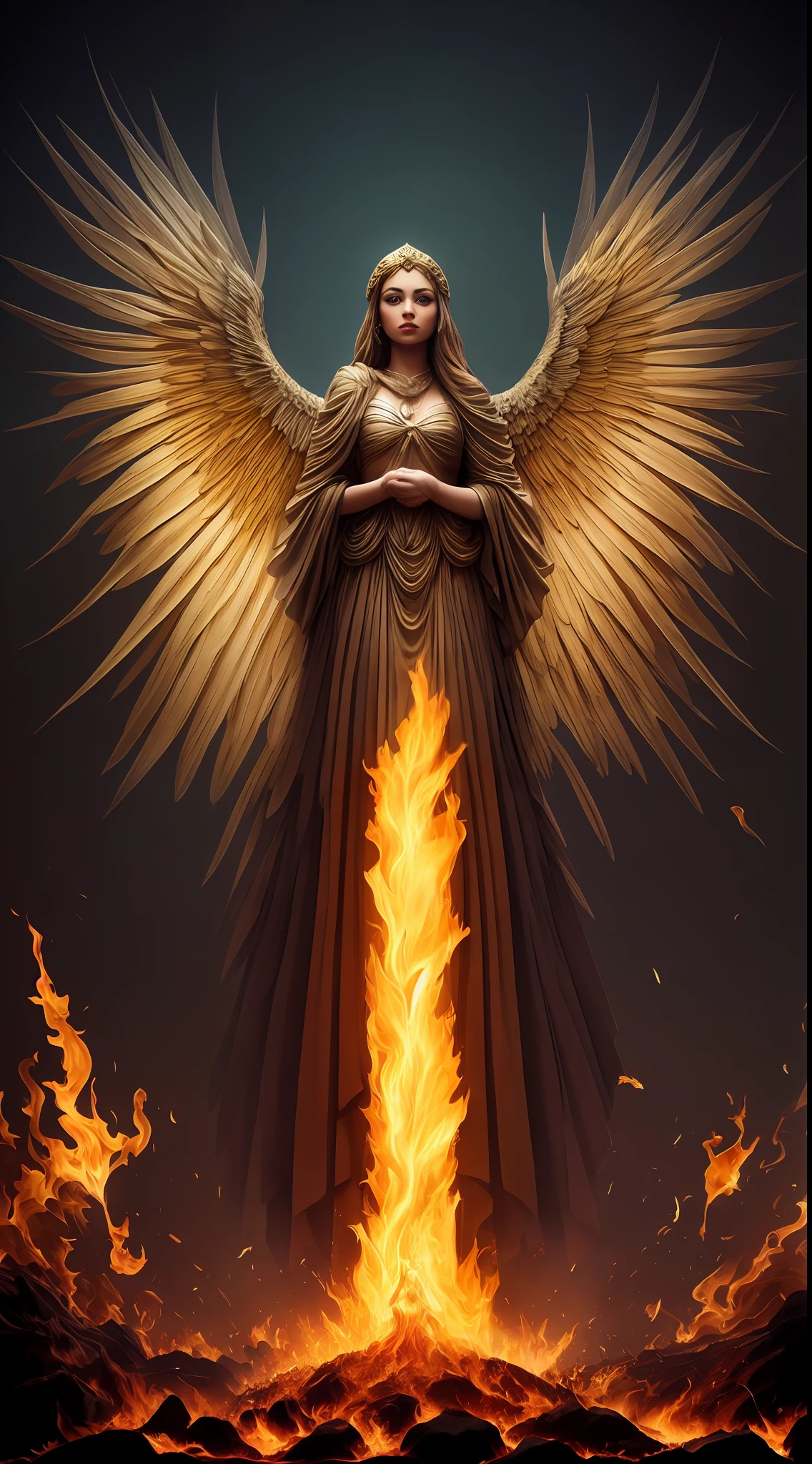 Pintura de una mujer con alas y un halo parada frente a un fuego, con ardientes alas doradas de llamas, Diosa del Fuego, Diosa de la ira, con ardientes alas doradas, aparece como la diosa del fuego, Arte del hechizo del fuego sagrado, tall female angel, Diosa del Fuego, full - body majestic angel, Diosa de la Luz, Artgerm Julie Bell Beeple, Hechizo de llama sagrada, Vibrant color palette game and super intricate great shadows, pintura mate, minuciosamente detallado, fino y delicadamente detallado, motor irreal delicadamente detallado con octanaje intrincado, fondo detallado en microminutos, complejidades 3D realzadas, Perfect and super detailed 8K composition, regla de los tercios, motionVFX, Sony Pictures Animation, The Foundry VFX, inmensamente perfecto, perfectamente detallado, intrincadamente definido, definitivamente real, Verdaderamente realista, Realistically epic, por Satori Canton, photography by alberto seveso