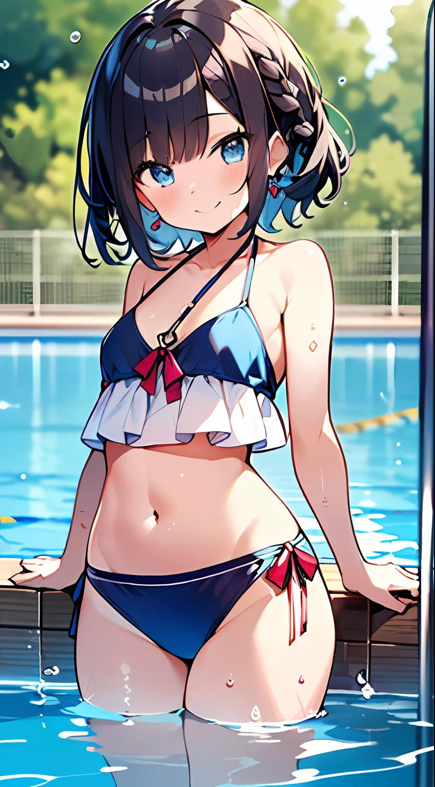 (Incredibly ridiculous absolute resolution:1.5)、hiquality、top-quality、masuter piece、Anime girl in light blue and white bikini, 魅惑的、Anime Loli, 8k Manga Wallpapers, Smile、Shy laughter、((small curvy loli))、  pretty anime girl,((swimming pools))、(Medium Shorthair)、(short braided hair)