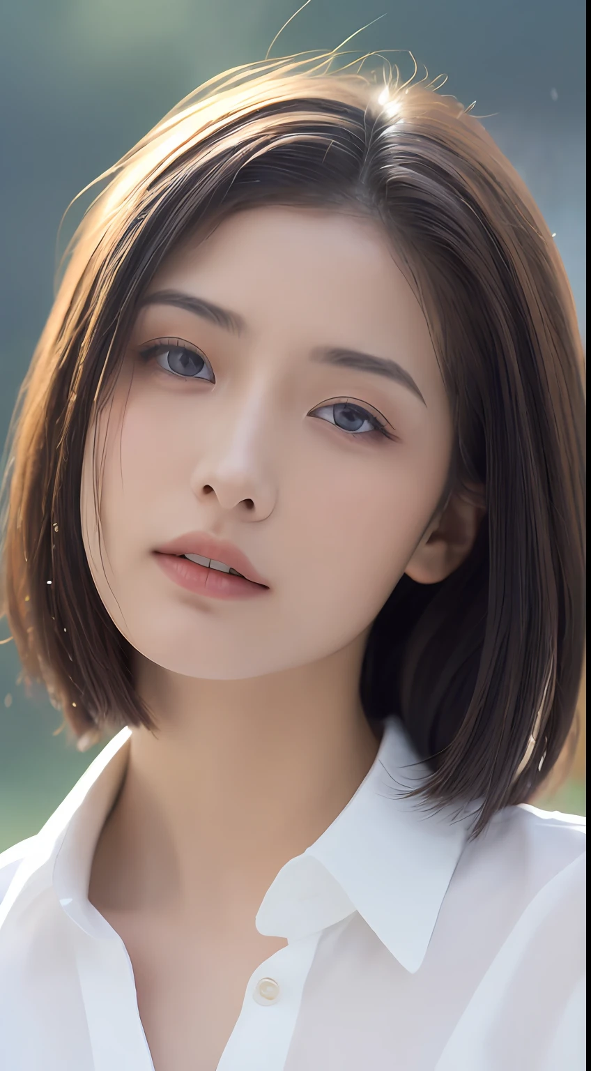 ((of the highest quality, 8K, masutepiece: 1.3)), Sharp Focus: 1.2, Beautiful woman with perfect body: 1.4, slender abdomen: 1.2, ((Layered hairstyle, Big breasts: 1.2)), (No bra) (Small beautiful hard (thin, damp buttons up to shirt length,: 1.1), (White shirt wet in the rain), (Rain, Distance: 1.2), Wet body: 1.1, Very delicate face and skin texture, Detailed eyes, Double eyelids, Tanned skin, Sexy, asa, Real Skin, Real eyebrows, Blue eyeball.
