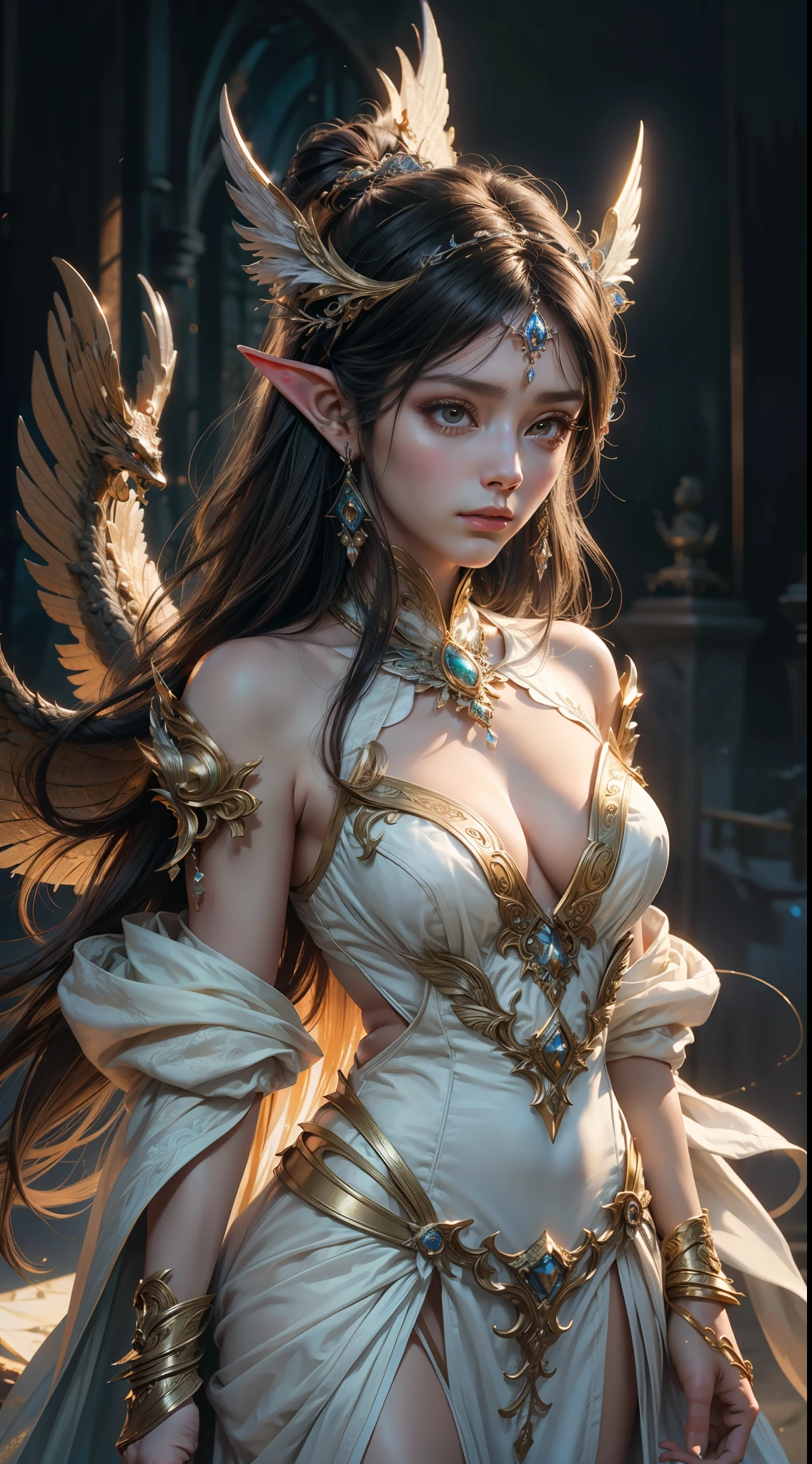 8k uld, masterpiece, bestquality, raw photo, realistic, beautiful girl, magic, very long hair, depth of vision, Highres, finely detailed, RAWExtremely detailed, extremely detailed eyes and face, sharp pupils, realistic pupils, cinematic lighting, detailed, perfect anatomy, a closeup of a woman with beautiful brown eyes face in a white costume with a dragon on her shoulder, white costume outfit, cinematic goddess body shot, majestic body full body angel, elegant cinematic pose, fantasy character, full body image, like a mystical valkyrie, detailed whole body, beautiful and elegant elf queen, unreal motor render, a goddess, grumpy lighting, glow, bright, mysterious, mystical, magical, rim lighting, vibrant, psychedelic, colorful, intricate, elegant, sharp focus, highly detailed, digital painting, conceptual art, matte, masterpiece, hyper detailed ultra sharp, vibrant aesthetic, blood wave, colorful, psychedelic, ornate, intricate, digital painting, conceptual art, smooth, sharp focus, illustration, beautiful female,