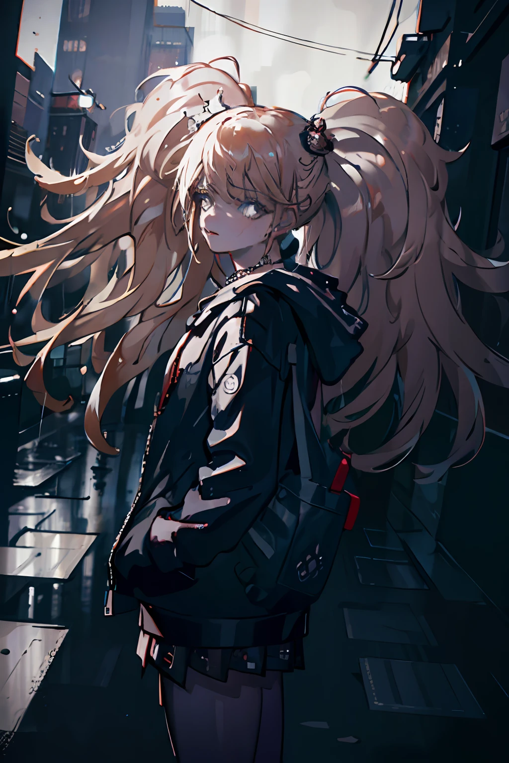 1girl, jacket, rain, outdoor, hoodie, open jacket, chain, backpack, looking at another, messy hair, trending on artstation, 8k resolution, highly detailed, anatomically correct, sharp image, digital painting, concept art, trending on pixiv, style of makoto shinkai,