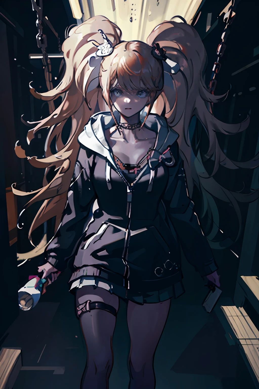 1girl, jacket, rain, outdoor, hoodie, open jacket, chain, backpack, looking at another, messy hair, trending on artstation, 8k resolution, highly detailed, anatomically correct, sharp image, digital painting, concept art, trending on pixiv, style of makoto shinkai,