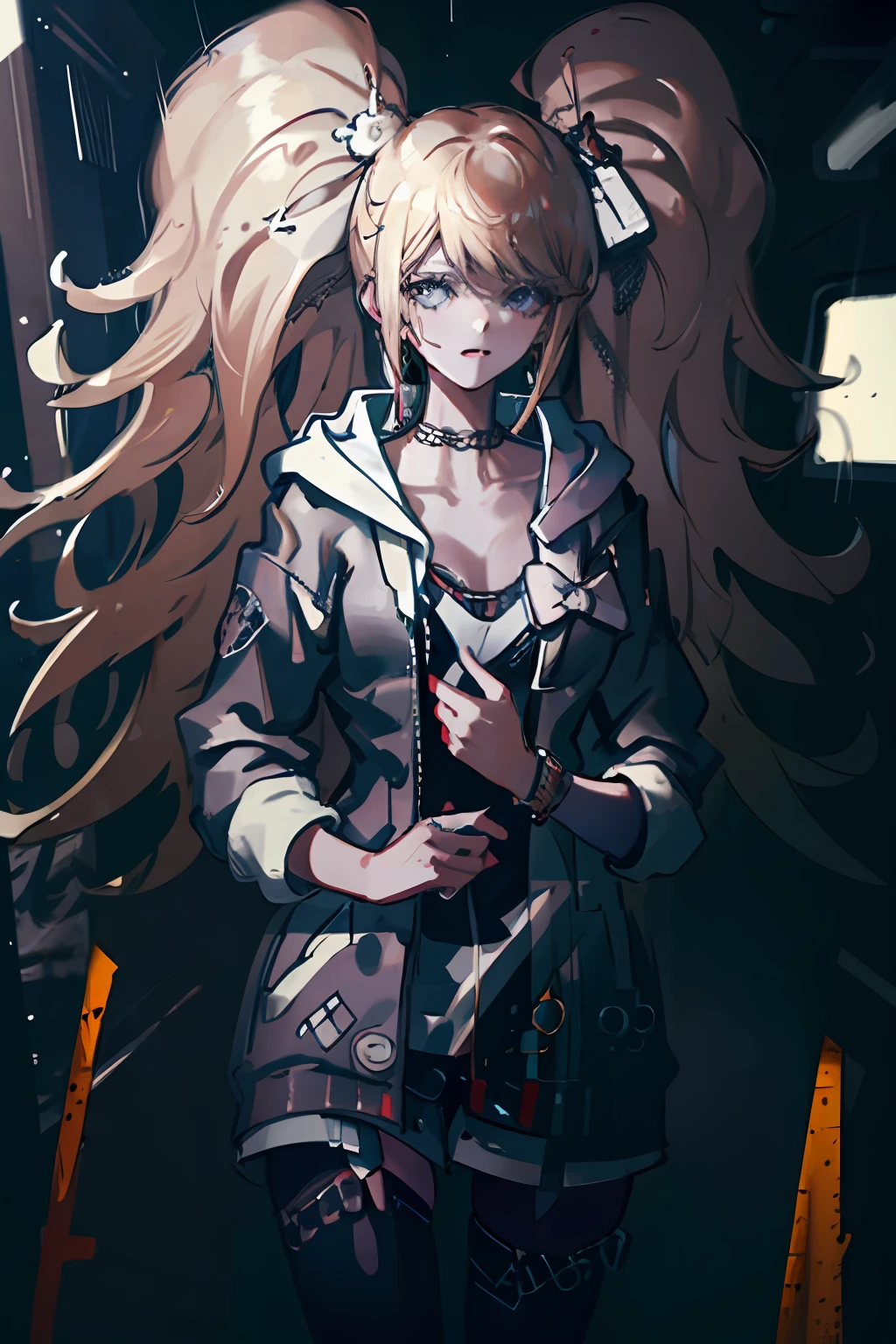 1girl, jacket, rain, outdoor, hoodie, open jacket, chain, backpack, looking at another, messy hair, trending on artstation, 8k resolution, highly detailed, anatomically correct, sharp image, digital painting, concept art, trending on pixiv, style of makoto shinkai,