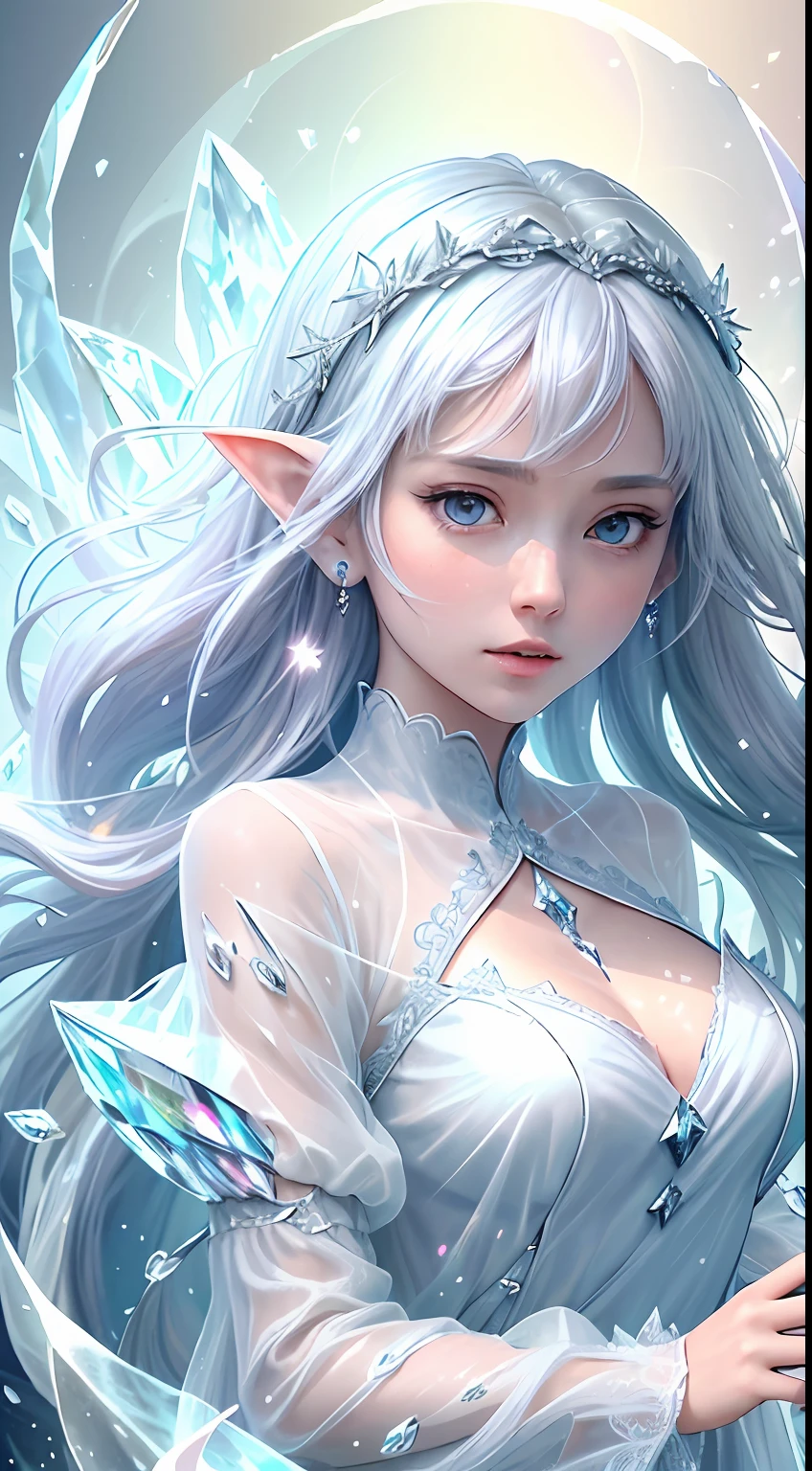 (Masterpiece, Top Quality, Best, Official Art, Beautiful and Aesthetic, Long Exposure: 1.2), Smooth Movement, Charming Patterns, 1 Girl, (Long Dress with Sleeves: 1.3), (((White Clothes) )), upper body close-up, bare shoulders, Chinese girl, blush, black lob hair, portrait, solo, upper body, looking at the observer, detailed background, detailed face, (crystallineAI, crystalline theme:1.1), elemental wind elves, rotation Wind, control the wind, white crystal clothing, dynamic pose, floating particles, ethereal dynamics, whirlwind, vapor, whirlwind in the background, white tone, whirlwind, ethereal atmosphere,