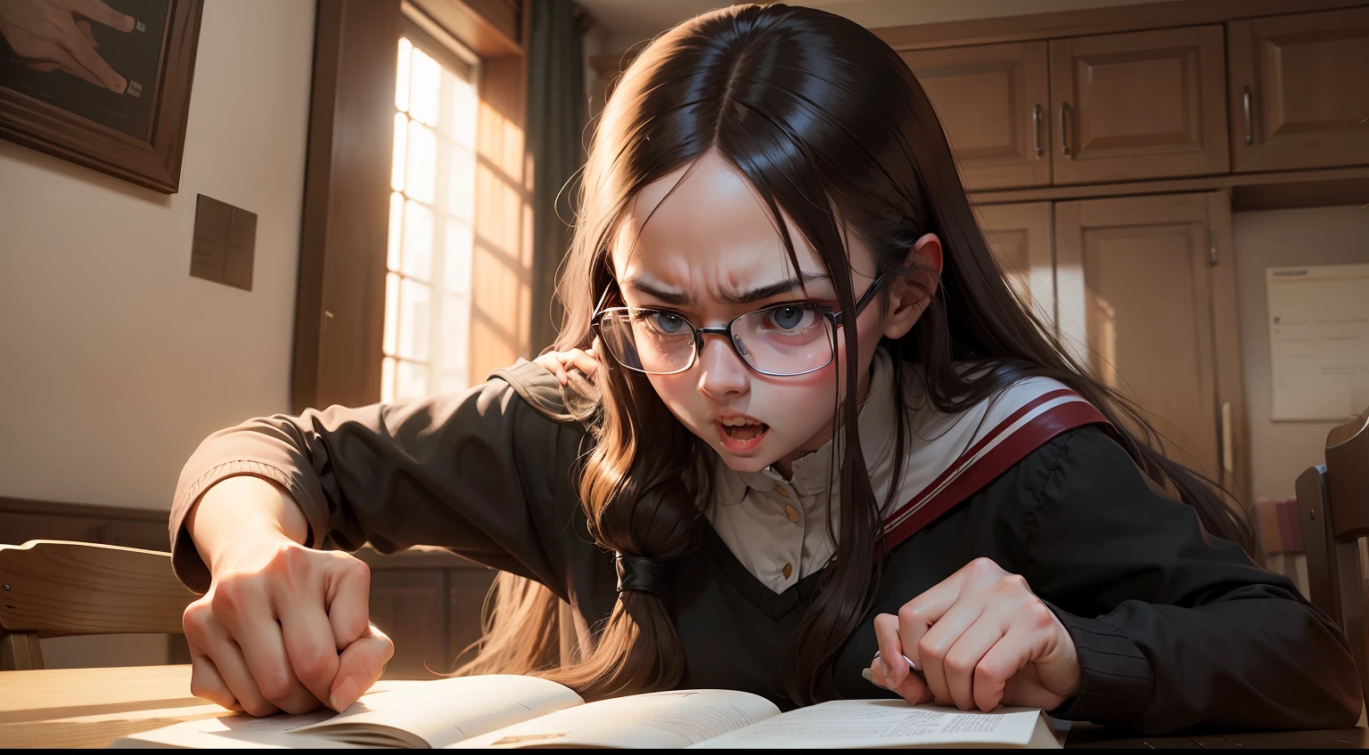 Hands clenched into fists,Student sister,Long hair and glasses,gritting teeth,irate,Slap the table
