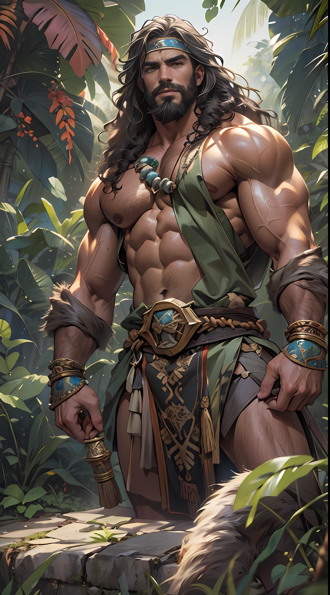Muscular barbarian, partially  upper body, lower body uncovered from thighs to feet, bearded with beads, long flowing curls, intricate muscular details, photorealistic artwork, 4K quality. Background: Dense jungle with ancient ruins,32k uhd, best quality, masterpiece, super detail, high details