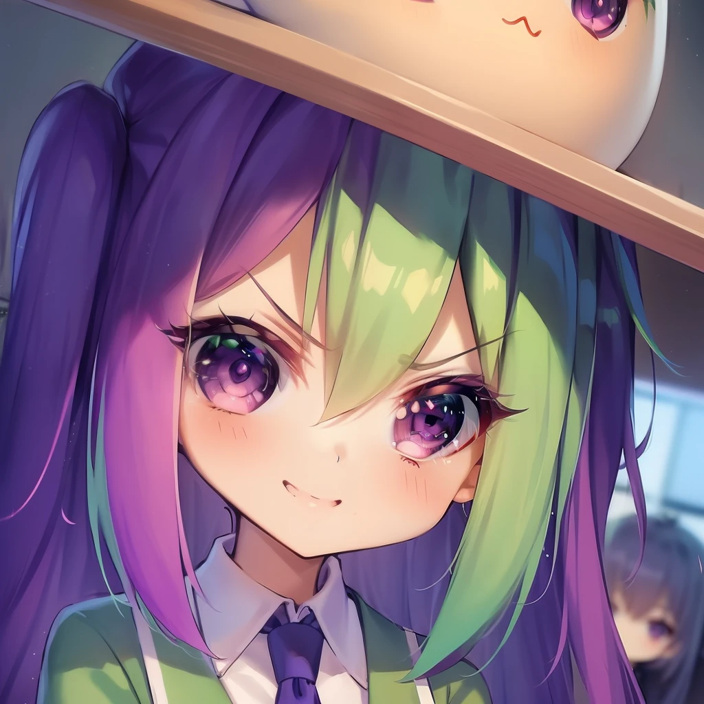 masterpiece、detaileds、Soft lighting、white backgrounid、illustratio、Japanese anime、2 girls、1st person:(Green hair、bobhair、Green Uniform、neck tie、Big smile、Manic Pixed Dream Girl)、The second person of the other:(Purple hair、Female President、Hanging eyes、Angry face、Tsundere、Twin-tailed、Purple suit)