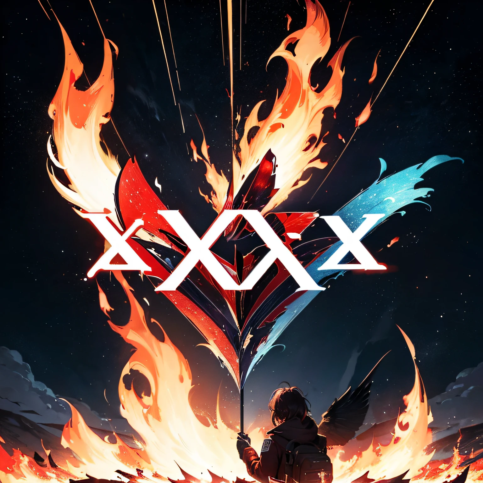The letter X floating in space、A logo、(One side is thinner:1.2)、(The other is thicker:2)、The letter X made up of two lines、1 text、X、X letter、A logo、The letter X surrounded by red flames and blue flames