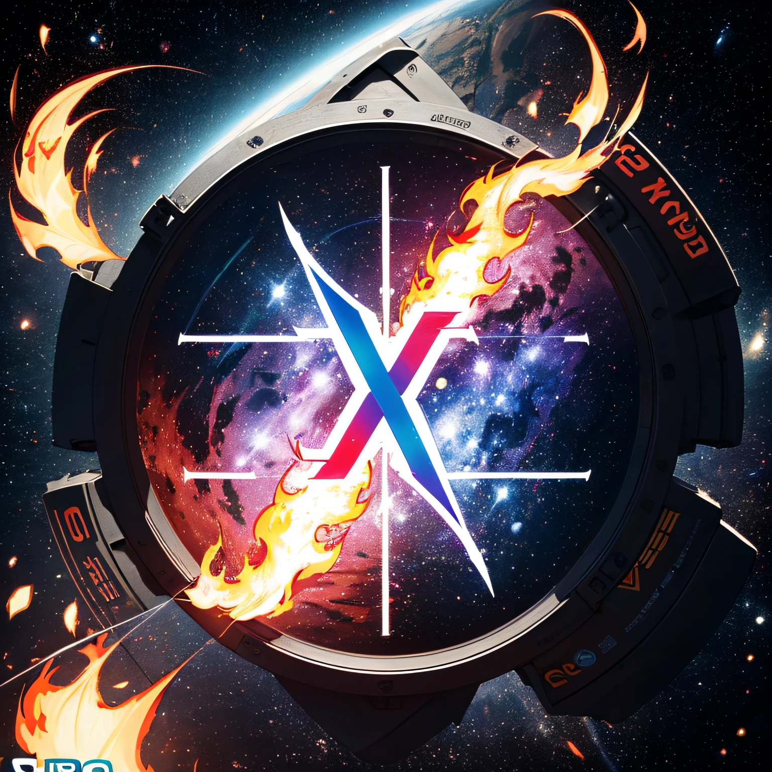 The letter X floating in space、A logo、(One side is thinner:1.2)、(The other is thicker:2)、The letter X made up of two lines、1 text、X、X letter、A logo、The letter X surrounded by red flames and blue flames