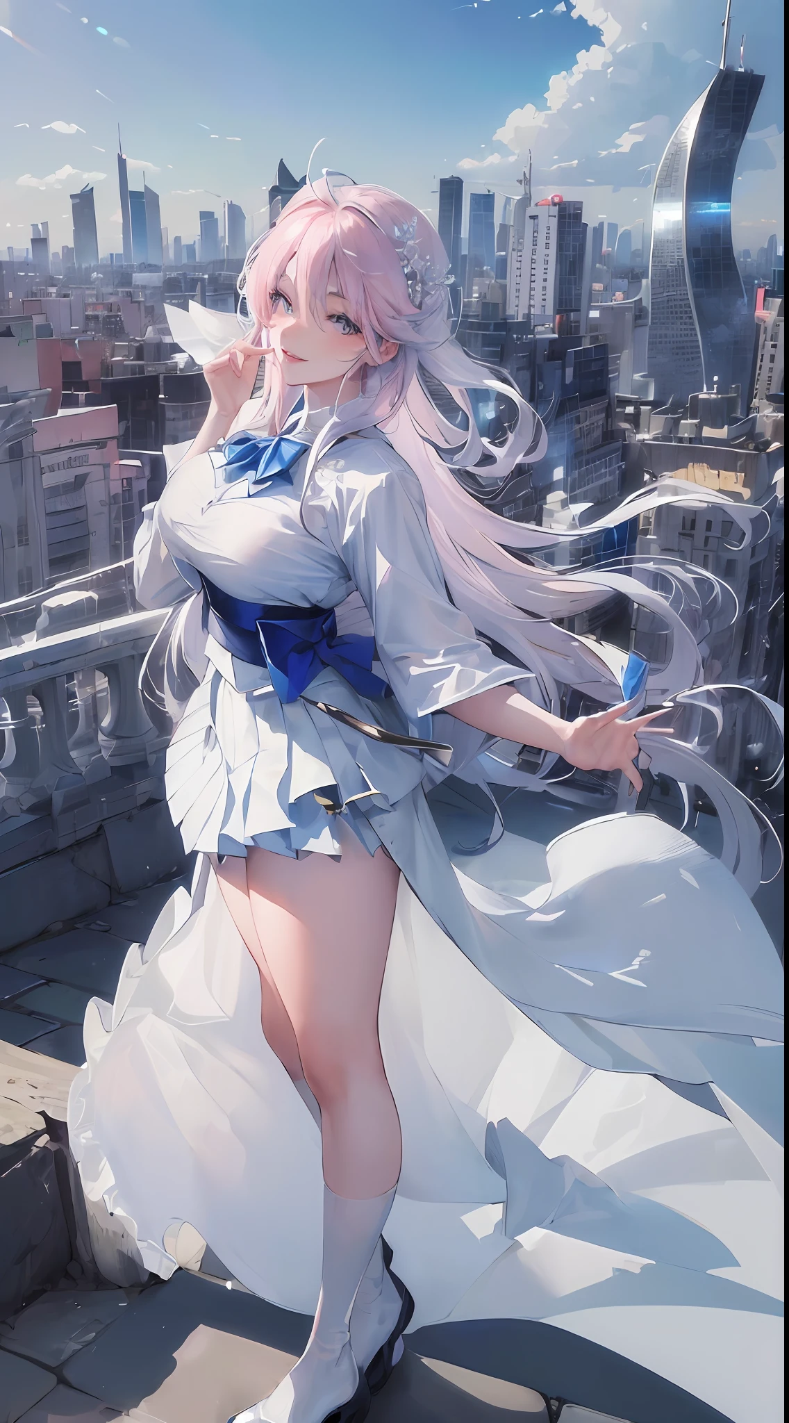 official art, masterpiece, sharp focus, (beautiful gorgeous cute Korean woman:1.3), (beautiful cute korean:1.3), korean beauty, Delicate and beautiful hair and eyes and face, realistic, ultra detailed, beautiful girl, blue sky, glow white particle, (sidelighting:1.2), sun light, white cloud, detailed clouds, slender, Lovely very large breasts and very large hips, smile with teeth, ((smile with eyes, open both eyes)), scenery, long straight hair, sexy facial expression, building, (cityscape:1.7), dynamic hair, long straight hair, detailed platinum pink hair, glow blue eyes, (blue pleated shirts + white skirt), white long socks, pale skin, hair ornament, epic scenery,