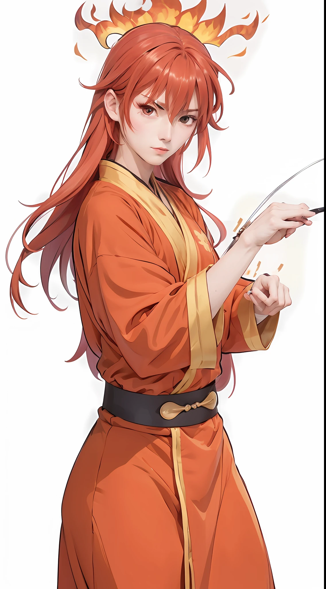 Close-up of a man dressed in red holding a mobile phone, flowing hair and long robes, Keqing from Genshin Impact, with index finger, as an anime character, fox nobushi holding a naginata, tsukasa dokite, Marin Kitagawa fanart, zhongli from genshin impact, demon slayer rui fanart, anime figure