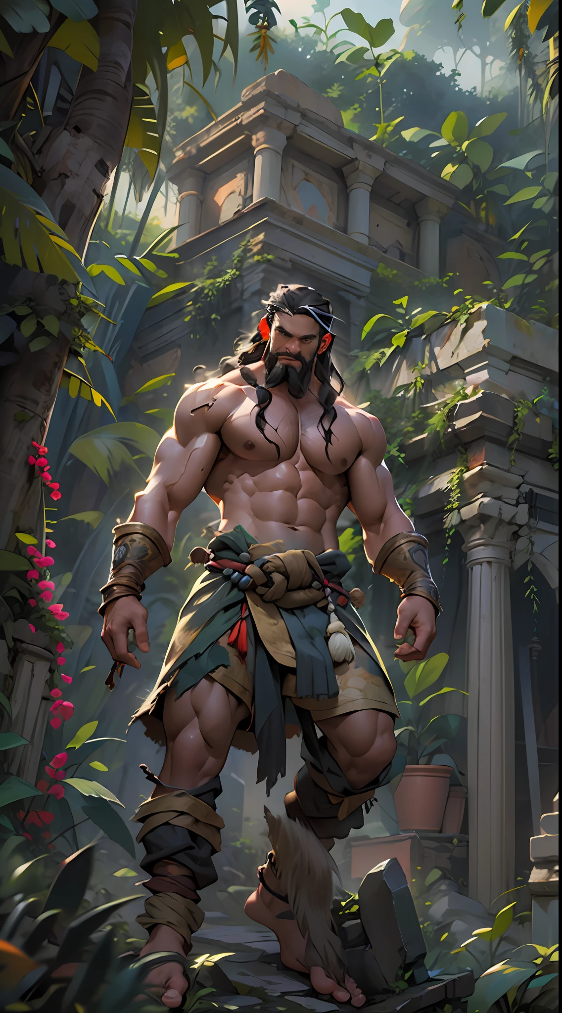 Muscular barbarian, partially upper body, lower body uncovered from thighs to feet, bearded with beads, long flowing curls, intricate muscular details, photorealistic artwork, 4K quality. Background: Dense jungle with ancient ruins,32k uhd, best quality, masterpiece, super detail, high details