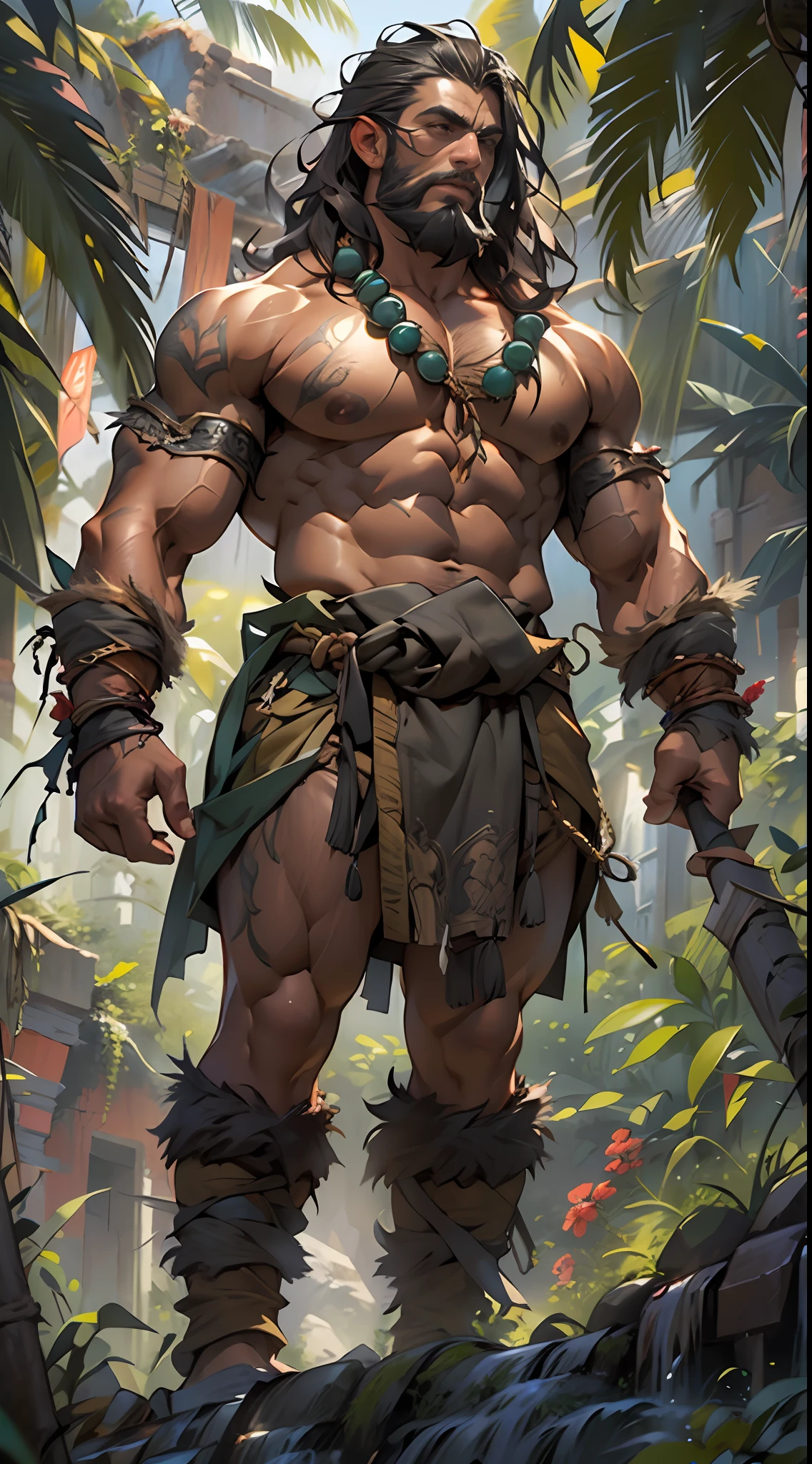 Muscular barbarian, partially  upper body, lower body uncovered from thighs to feet, bearded with beads, long flowing curls, intricate muscular details, photorealistic artwork, 4K quality. Background: Dense jungle with ancient ruins,32k uhd, best quality, masterpiece, super detail, high details