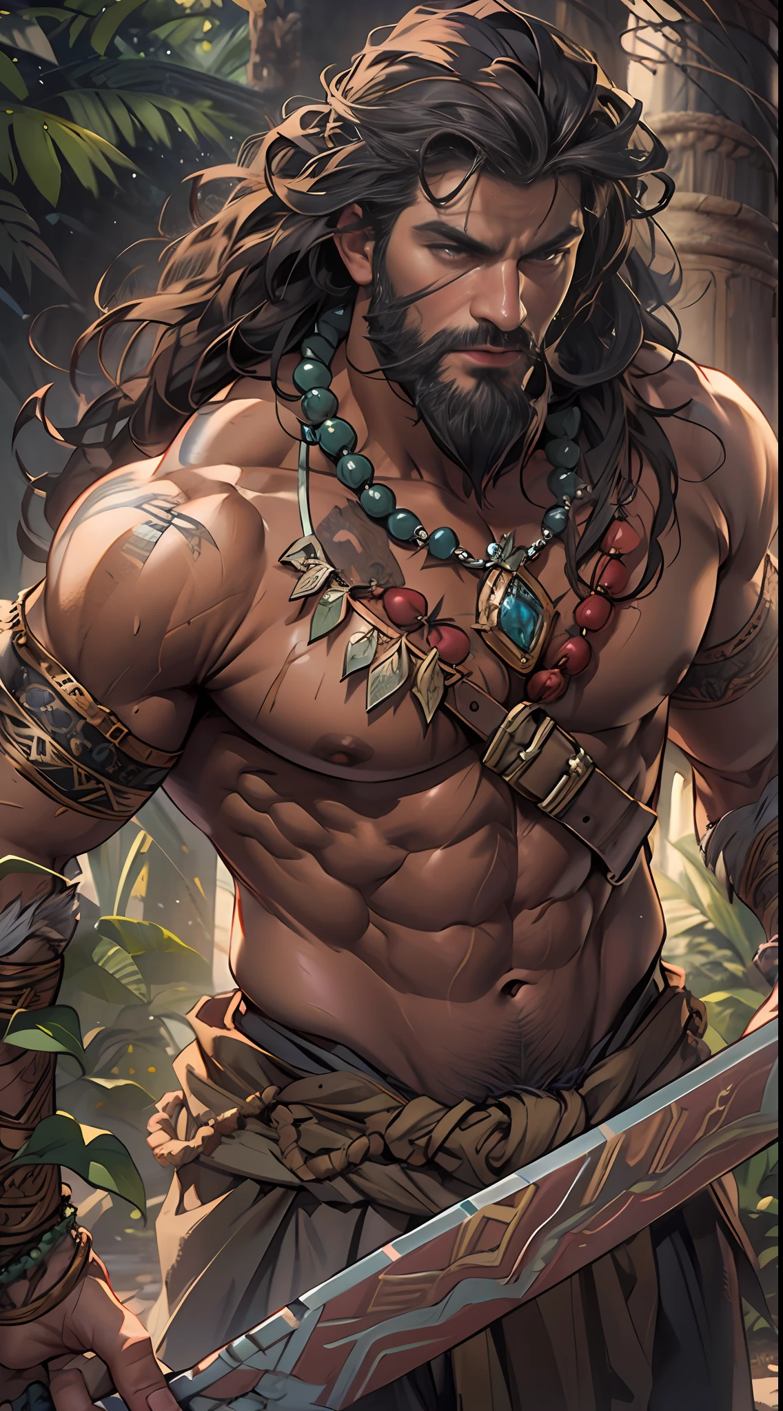 Muscular barbarian, partially  upper body, lower body uncovered from thighs to feet, bearded with beads, long flowing curls, intricate muscular details, photorealistic artwork, 4K quality. Background: Dense jungle with ancient ruins,32k uhd, best quality, masterpiece, super detail, high details