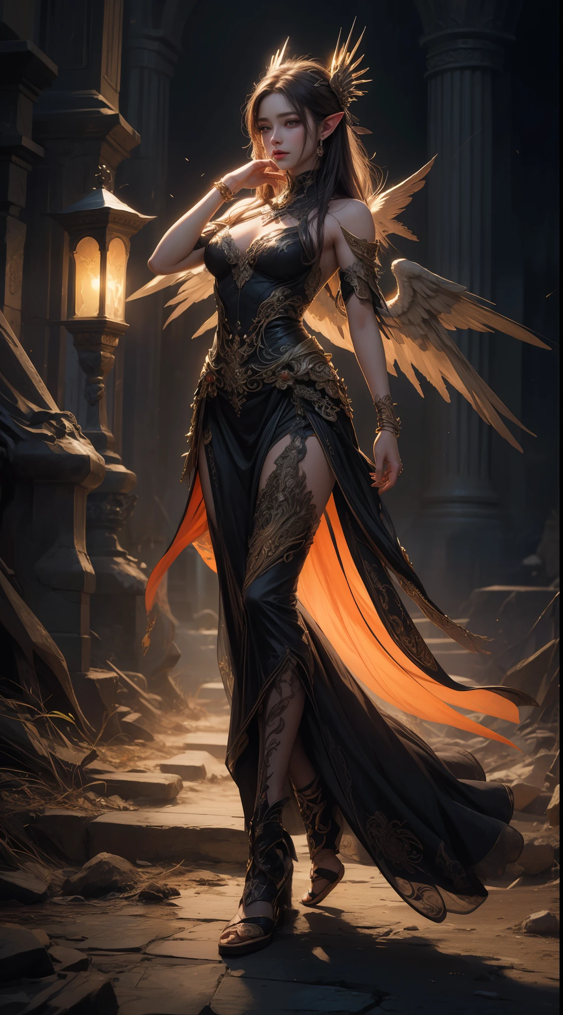 8k uld, masterpiece, bestquality, raw photo, realistic, beautiful girl, magic, very long hair, depth of vision, Highres, finely detailed, RAWExtremely detailed, extremely detailed eyes and face, sharp pupils, realistic pupils, cinematic lighting, detailed, perfect anatomy, a closeup of a woman with beautiful brown eyes face in a red and black mixdup costume with a dragon on her shoulder, red and black mixdup costume outfit, cinematic goddess body shot, majestic body full body angel, elegant cinematic pose, fantasy character, full body image, like a mystical valkyrie, detailed whole body, beautiful and elegant elf queen, unreal motor render, a goddess, grumpy lighting, glow, bright, mysterious, mystical, magical, rim lighting, vibrant, psychedelic, colorful, intricate, elegant, sharp focus, highly detailed, digital painting, conceptual art, matte, masterpiece, hyper detailed ultra sharp, vibrant aesthetic, blood wave, colorful, psychedelic, ornate, intricate, digital painting, conceptual art, smooth, sharp focus, illustration, beautiful female,