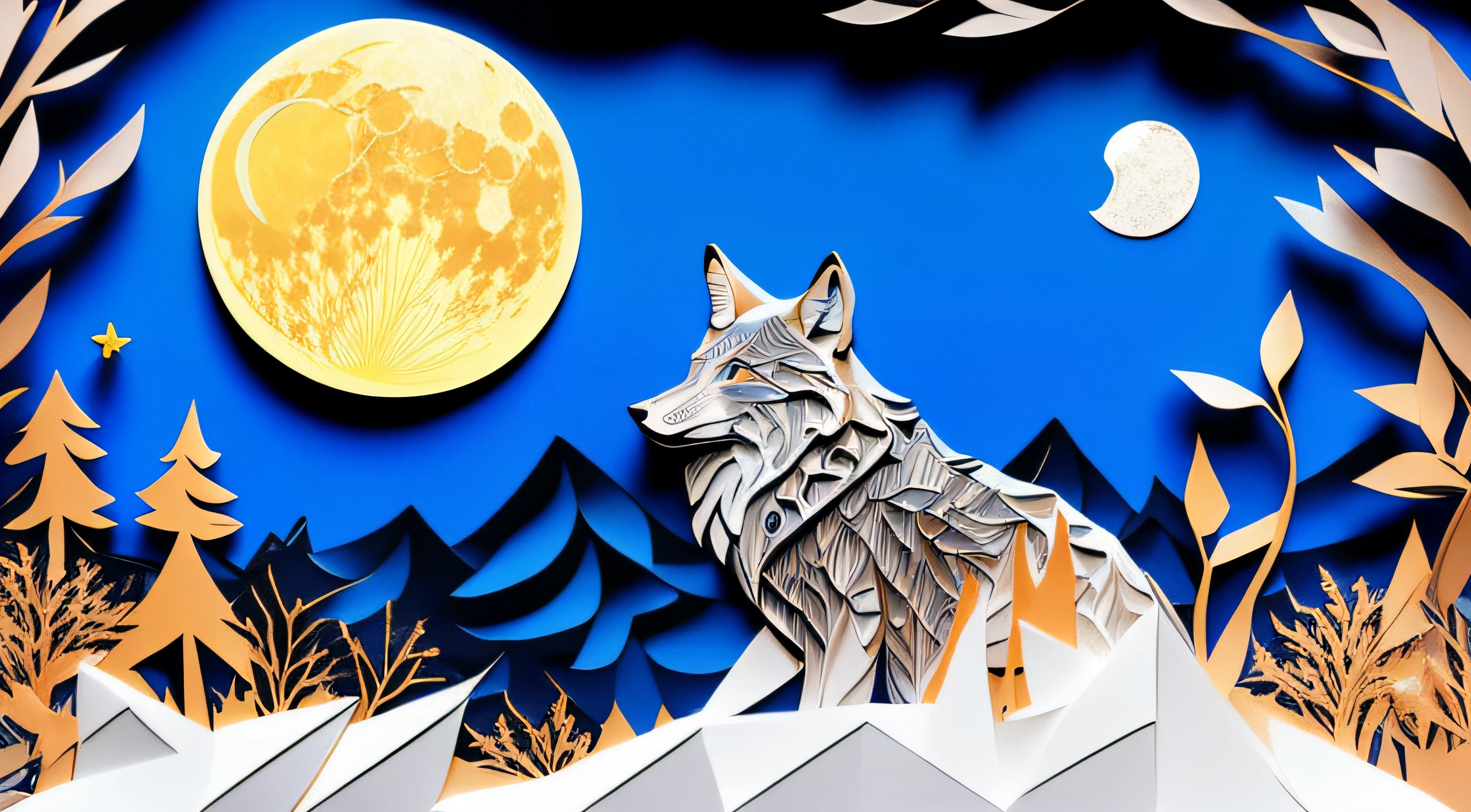 KIRIGAMI style papercut art multilayered, intricate, wolf, howling wolf, cresent moon, top of the hill, cliff edge,