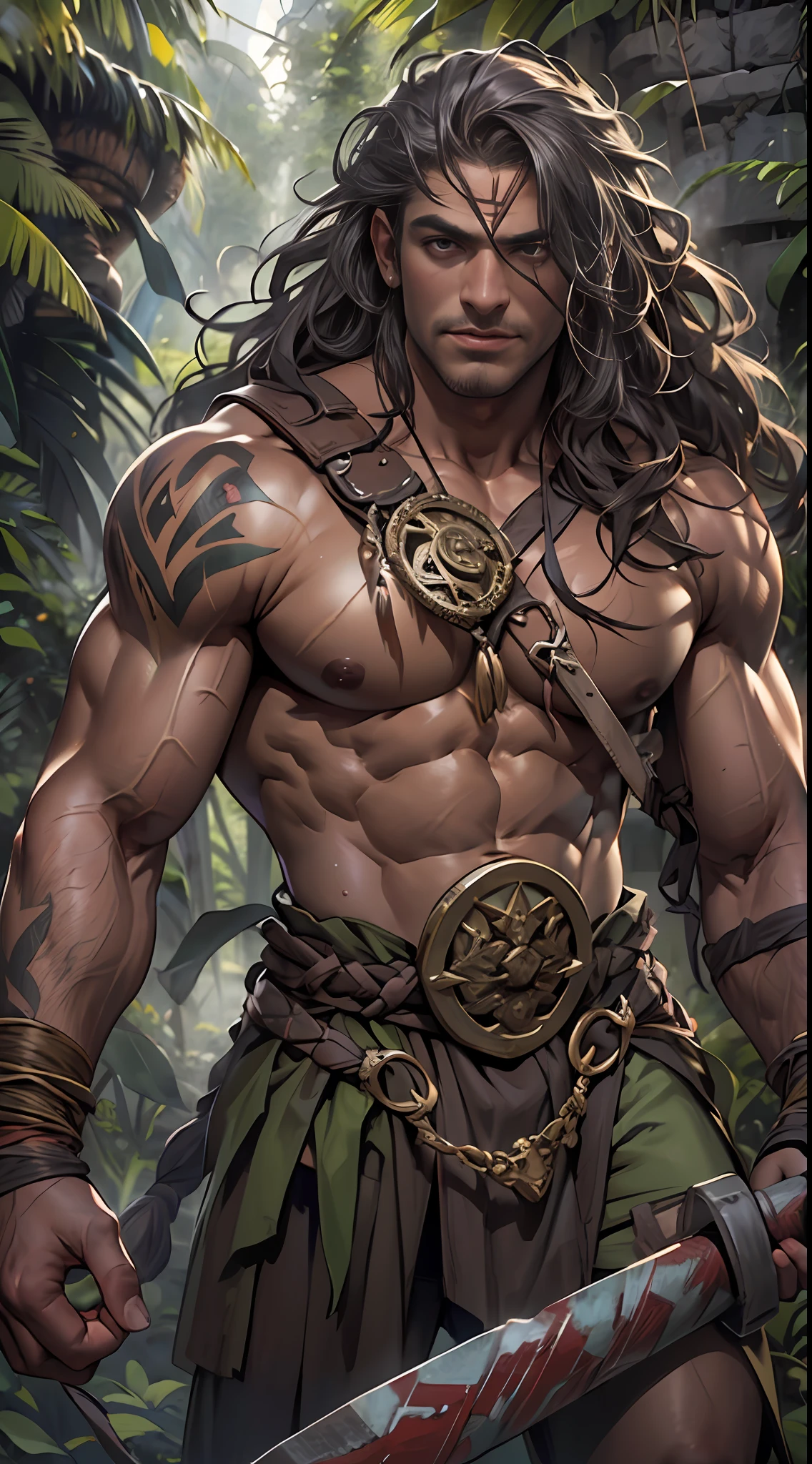 Muscular barbarian, partially  upper body, lower body uncovered from thighs to feet,, long flowing curls, intricate muscular details, photorealistic artwork, 4K quality. Background: Dense jungle with ancient ruins,32k uhd, best quality, masterpiece, super detail, high details