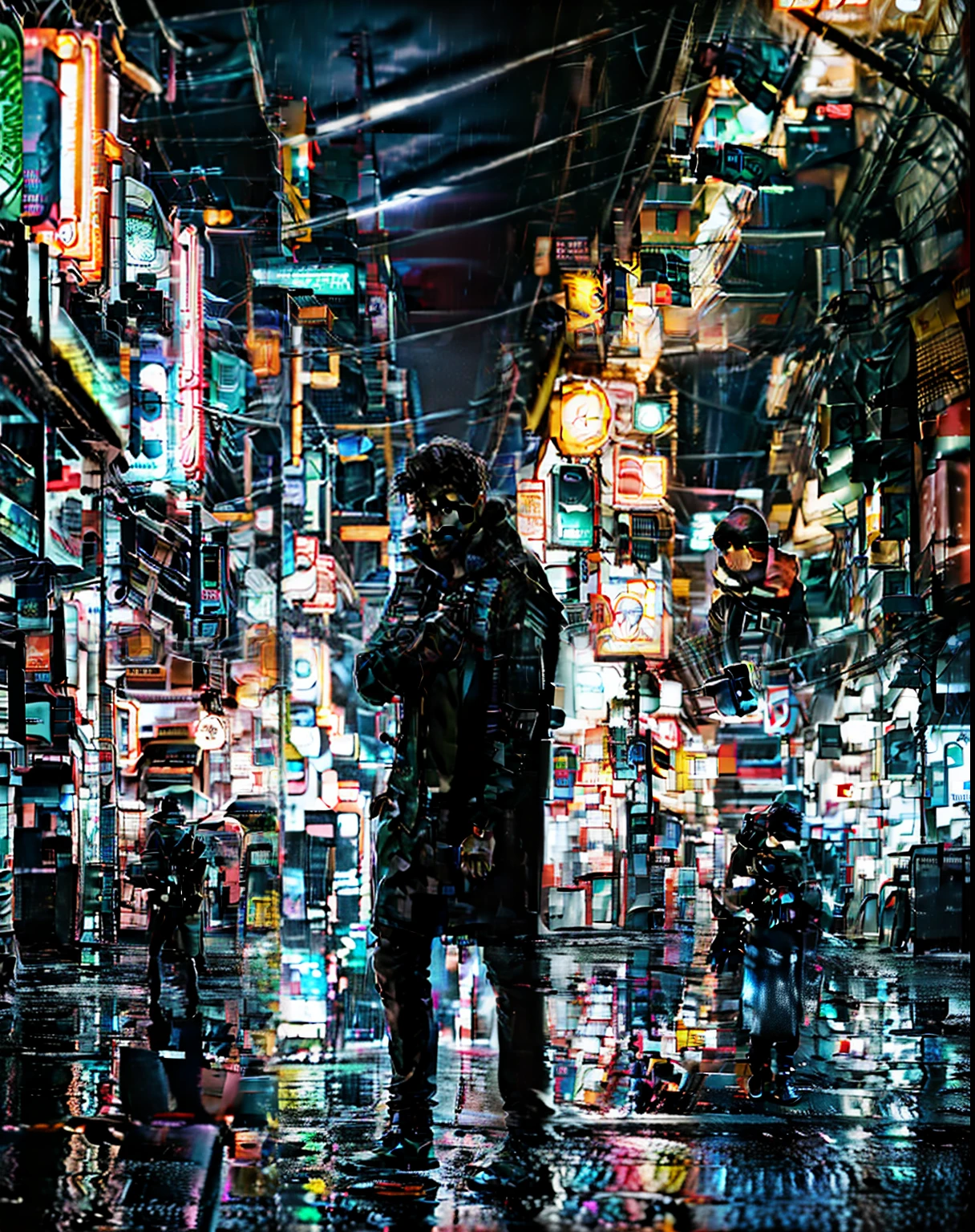 Photo of detective man standing alone in rain silhouetted with neon lights | Cyberpunk | nightcity | Canon EF 50mm f/1.8 STM lens | 2077 | Realistic | hyper realisitic | Ray traching | depth of fields | full of colour | Cinematic | Highly detailed | Rim lighting