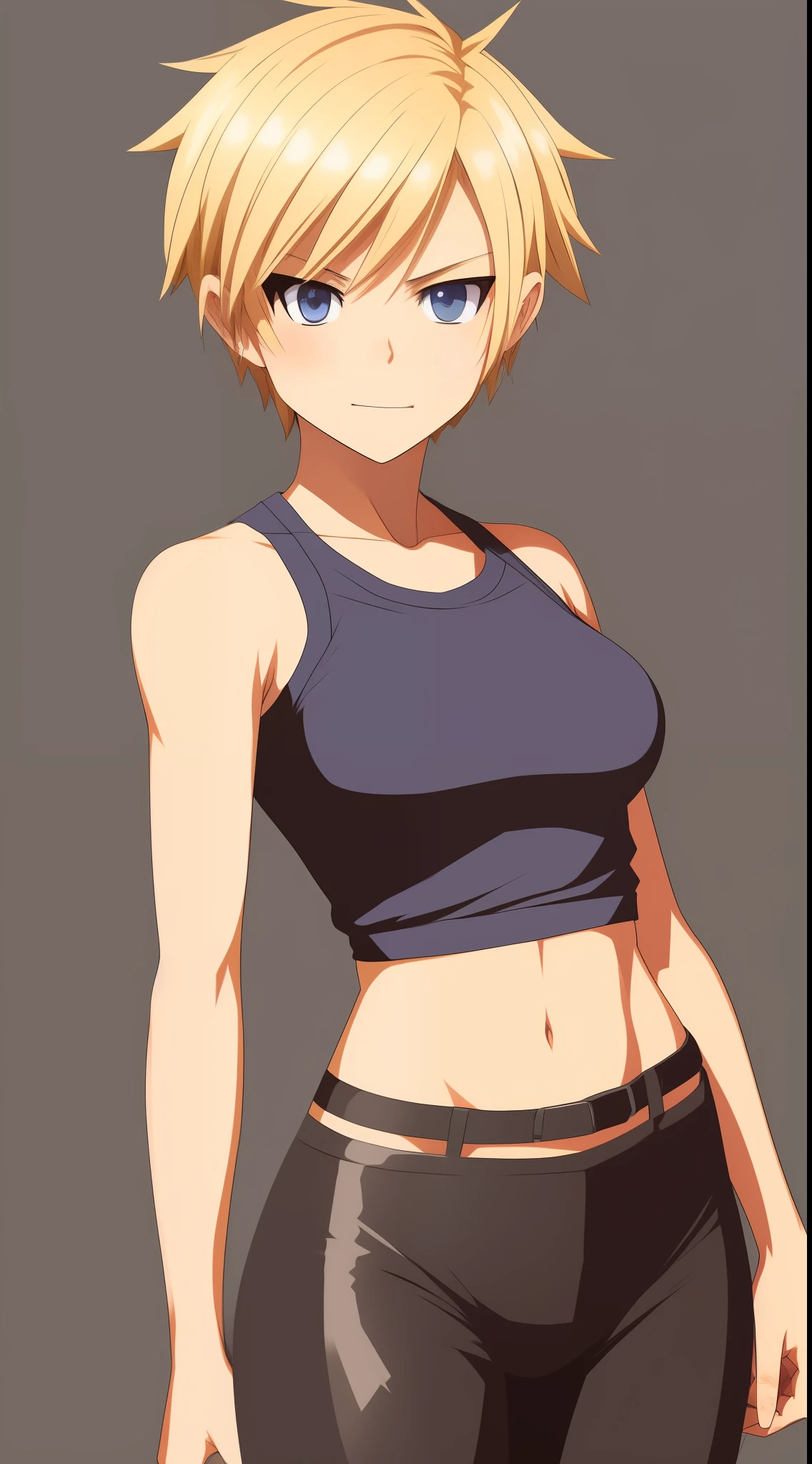 por artista "2d", 2d Clave Visual, Manga europeo, Pixiv, Zerochan, Arte 2D, Fantia, Girl with 20 years of short blonde hair, (((cuerpo completo))), musculosa, corte pixie, Leggings y top ajustado, rostro rudo