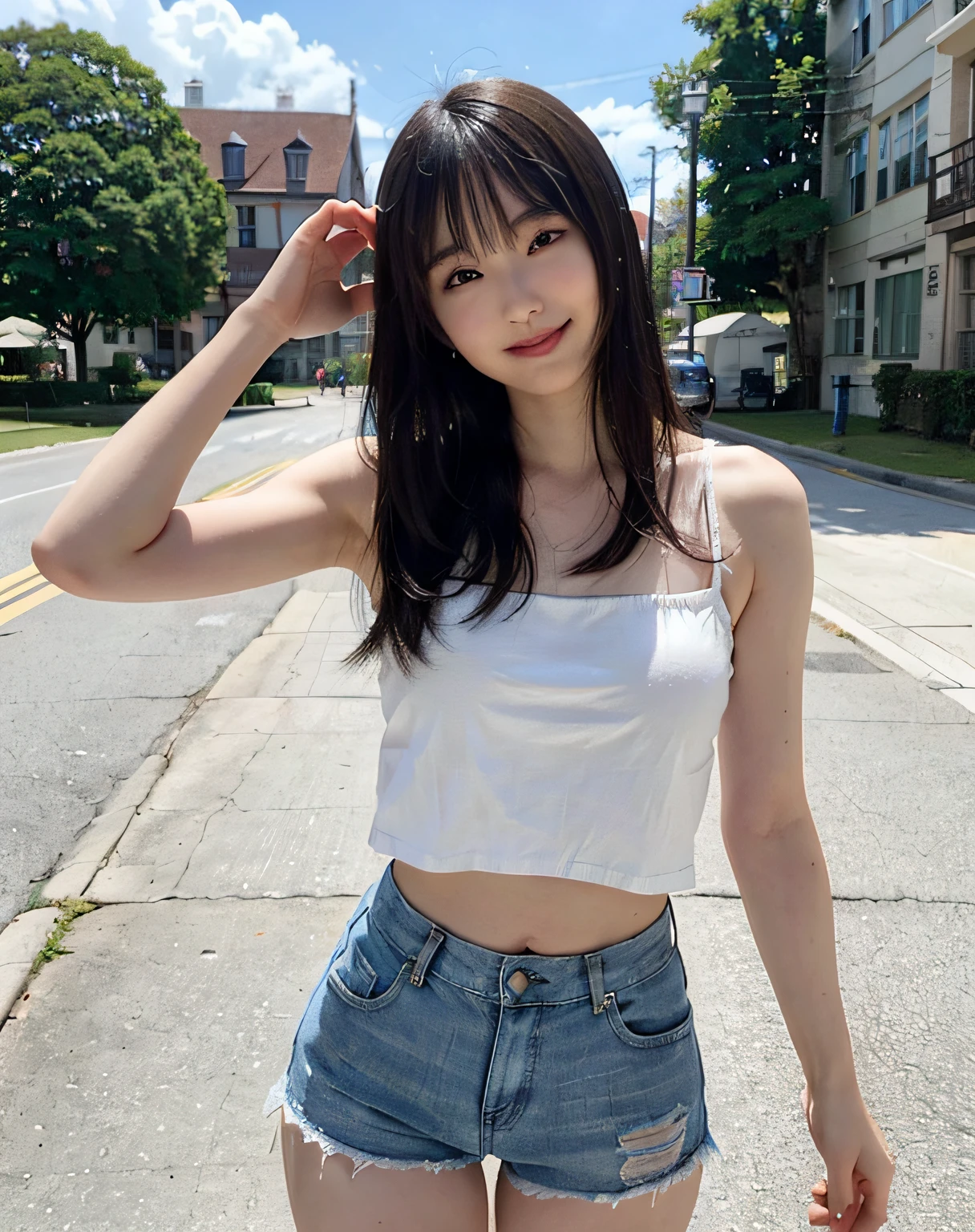 Woman posing on street corner、top-quality、女の子 1 a person、middlebreasts、tag、with light glowing、blur backgroun、bokeh dof、outside of house、(Street:0.8)、(a person々、Large crowds:1、A slender、large full breasts、Sleeveless、White camisole、Clothes that adhere perfectly to the body、Watching the viewer、Denim Belly Shorts、Damage pants、a gorgeous(straight haired、Hair up to the waist、Forehead:0.8)、Beautiful sky with details、耳Nipple Ring、A slender、Sareme、 (above knee)、Soft lighting、the wind、glowy skin、A smile、The wind is blowing、