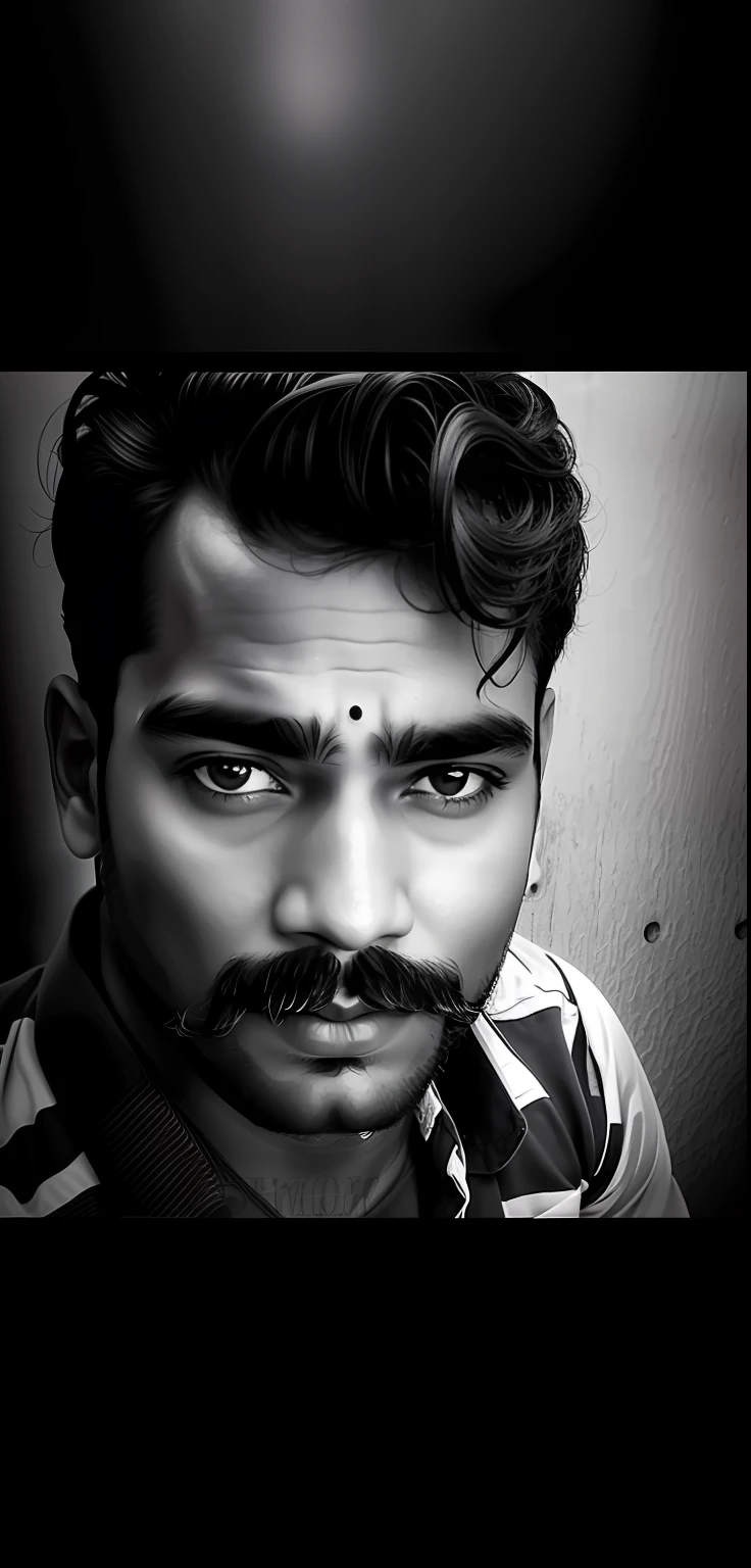 there is a man with a mustache and a beard in a black and white photo, desaturated!!, with accurate face, potrait, edited in photoshop, portait photo profile picture, ((portrait)), photoshopped, by Jitish Kallat, by Rajesh Soni, by Max Dauthendey, jayison devadas, ayan nag, front profile!!!!